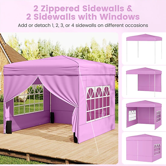 SUGIFT Pop Up 10-ft x 10-ft Canopy Gazebo Tent with 3-Height Adjustable Frame 4 Sidewalls Sandbags Stakes and Bag Pink