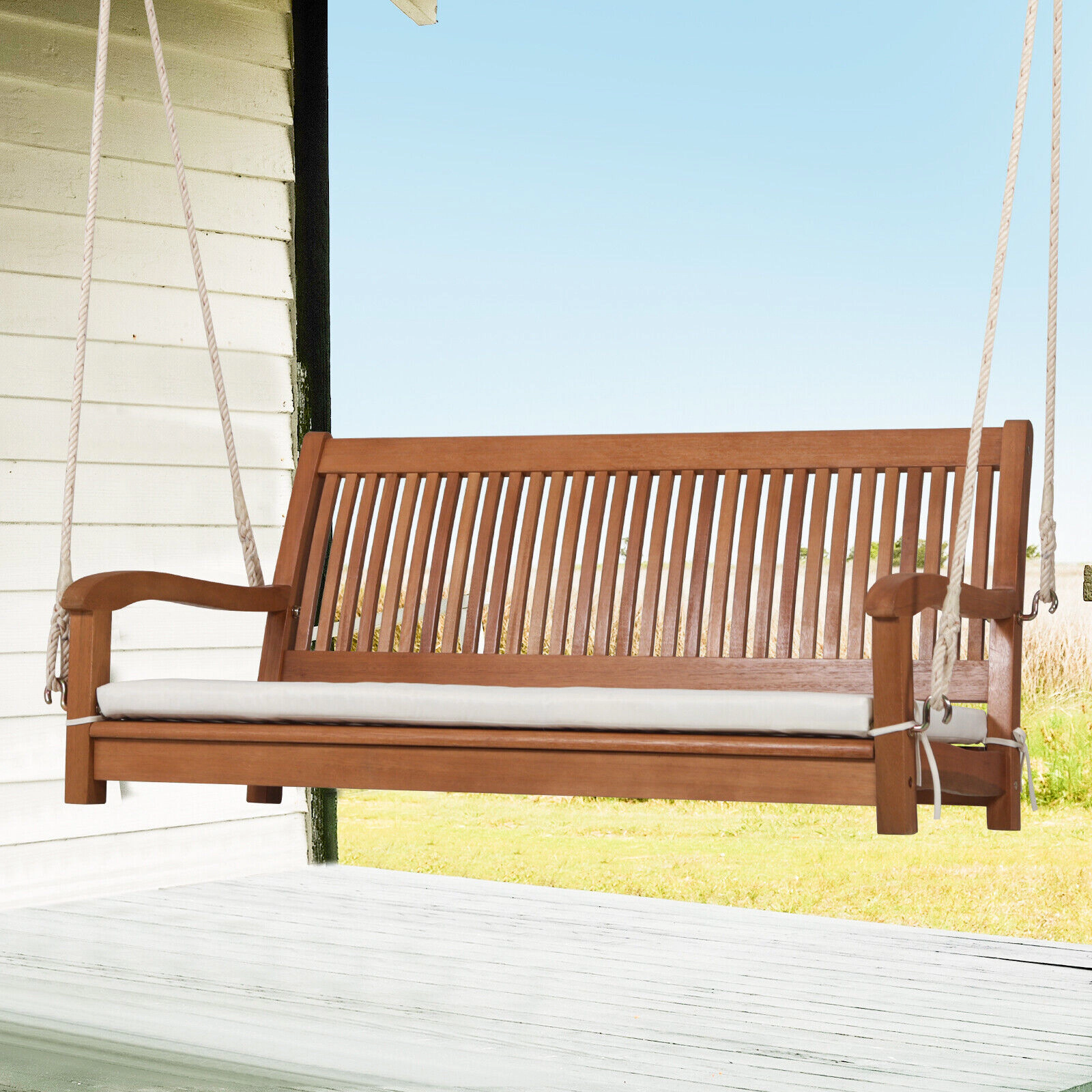 SUGIFT 800-lb 2-Person Eucalyptus Wood Porch Swing Bench with Cushion and Hemp Ropes