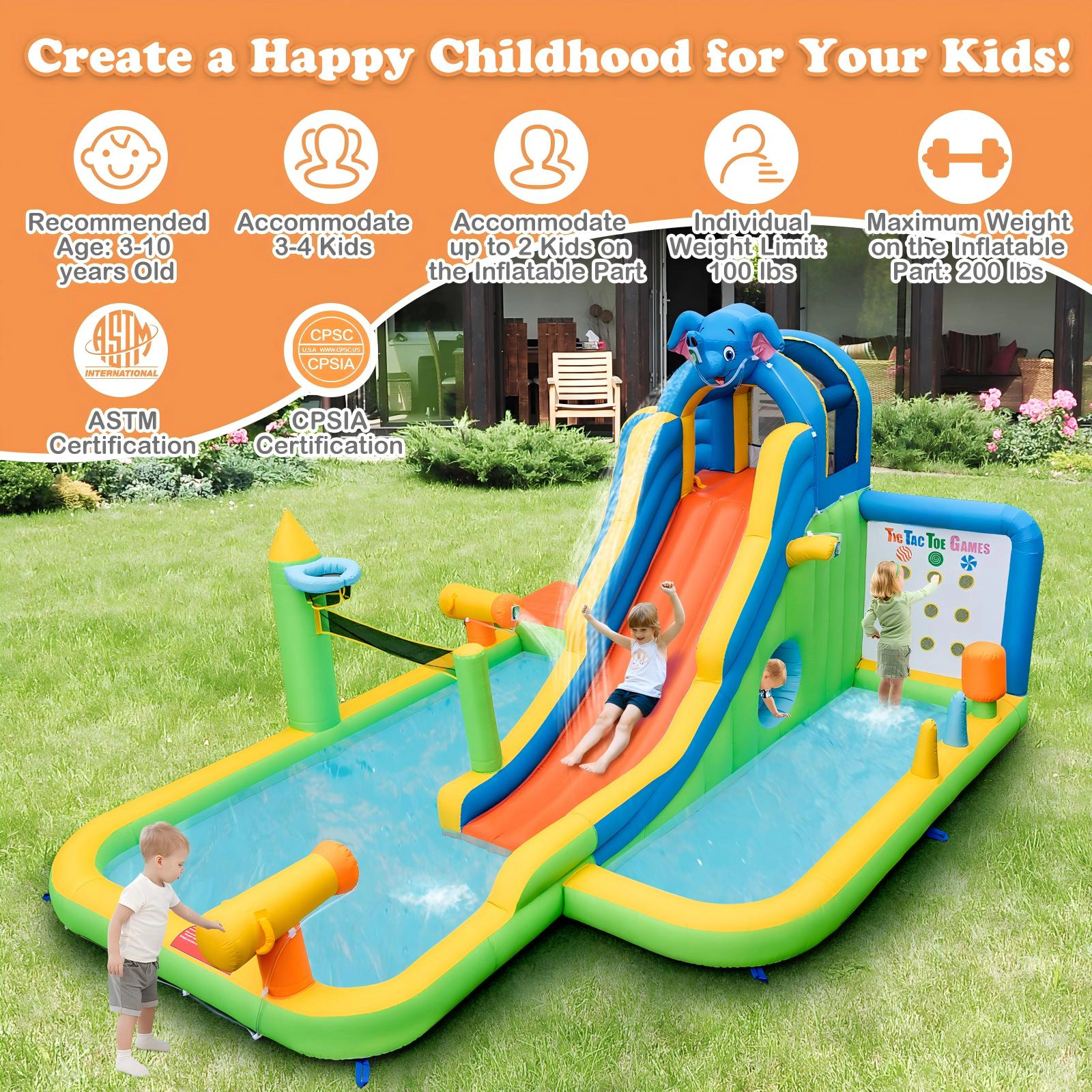 SUGIFT Inflatable Water Slide with 140-in Splash Pool Ball Pit Climbing Wall and Volleyball Area