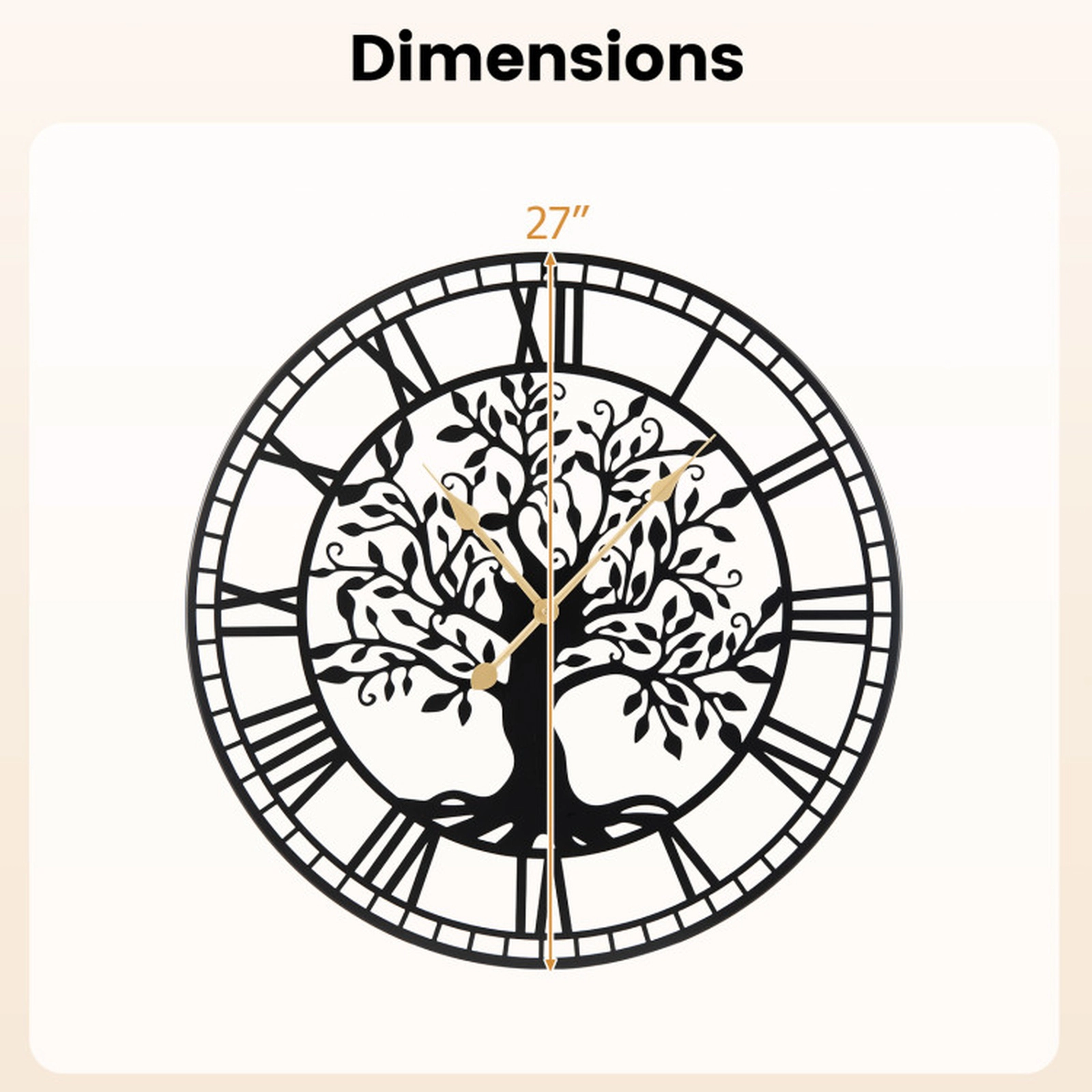 SUGIFT 27-in Tree of Life Metal Wall Clock with Non-Ticking Quartz Movement Black