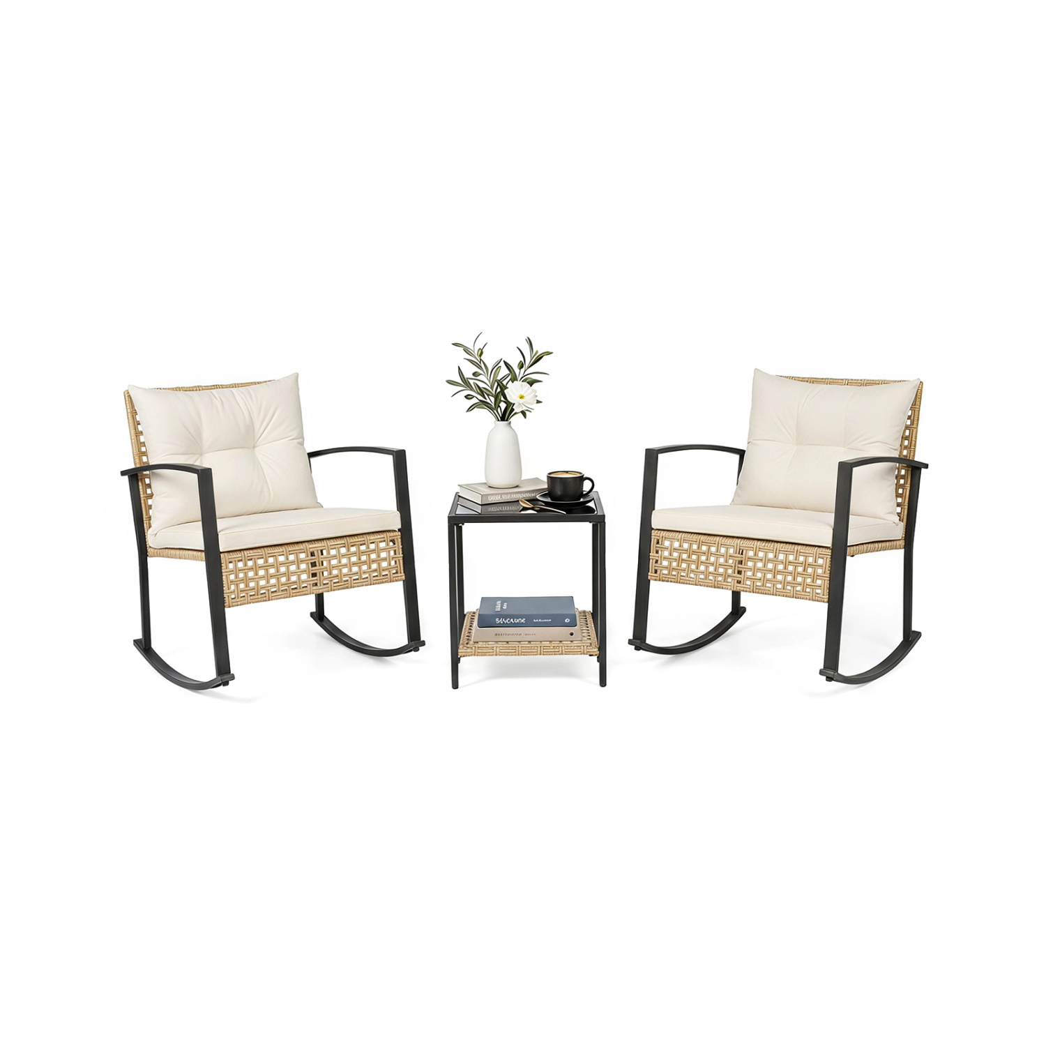 LJG 3-Piece Rattan Wicker Patio Conversation Set for Porch Balcony Garden Backyard