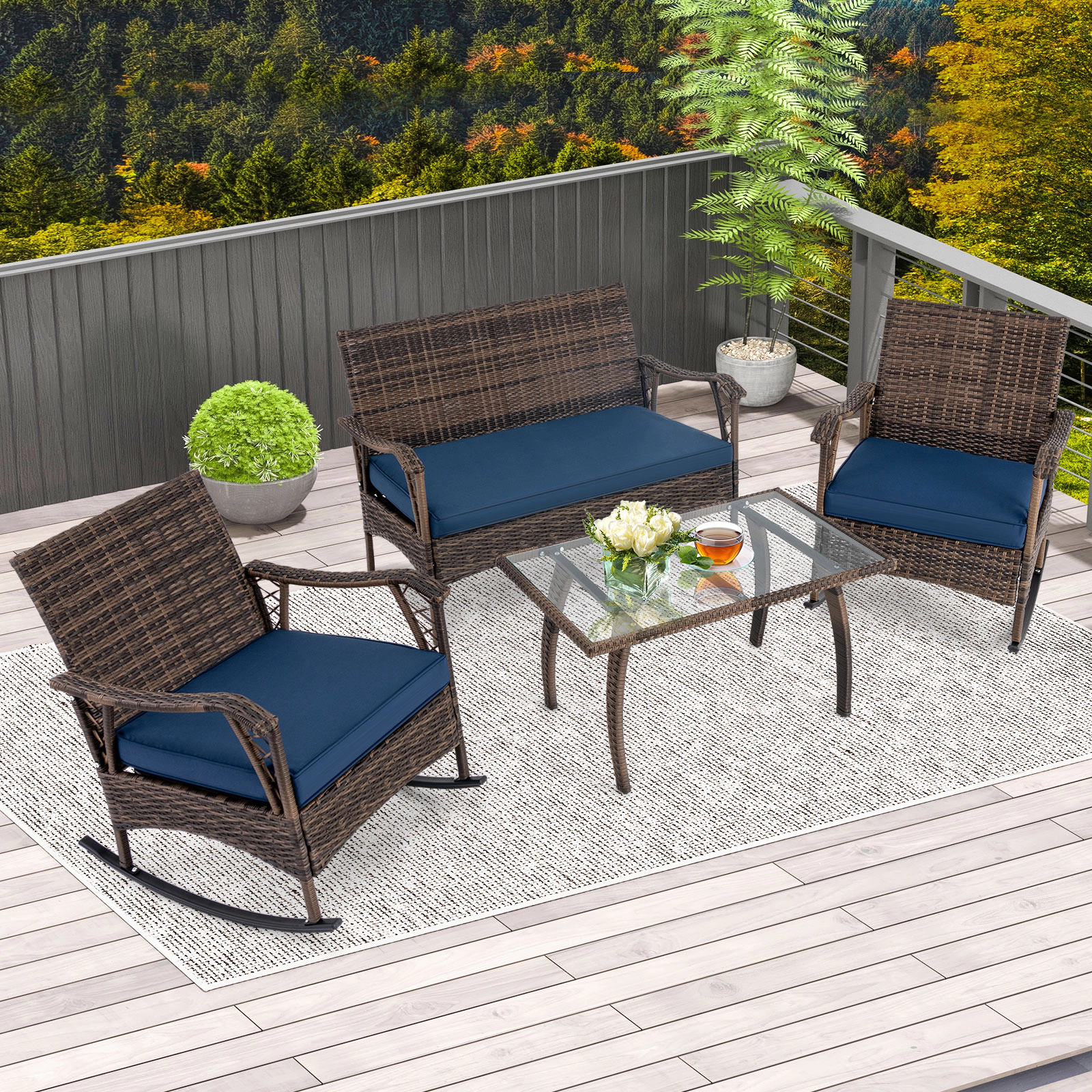 LJG 4 Pieces Wicker Rocking Set with Bungee Rope Seat for Porch Yard