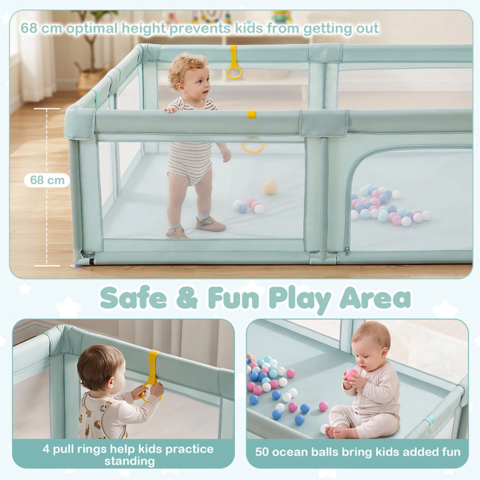 SUGIFT Baby Playpen with 50 Ocean Spheres Breathable Mesh Zippered Door Baby Playard Ages 10 Months-6 Years Blue