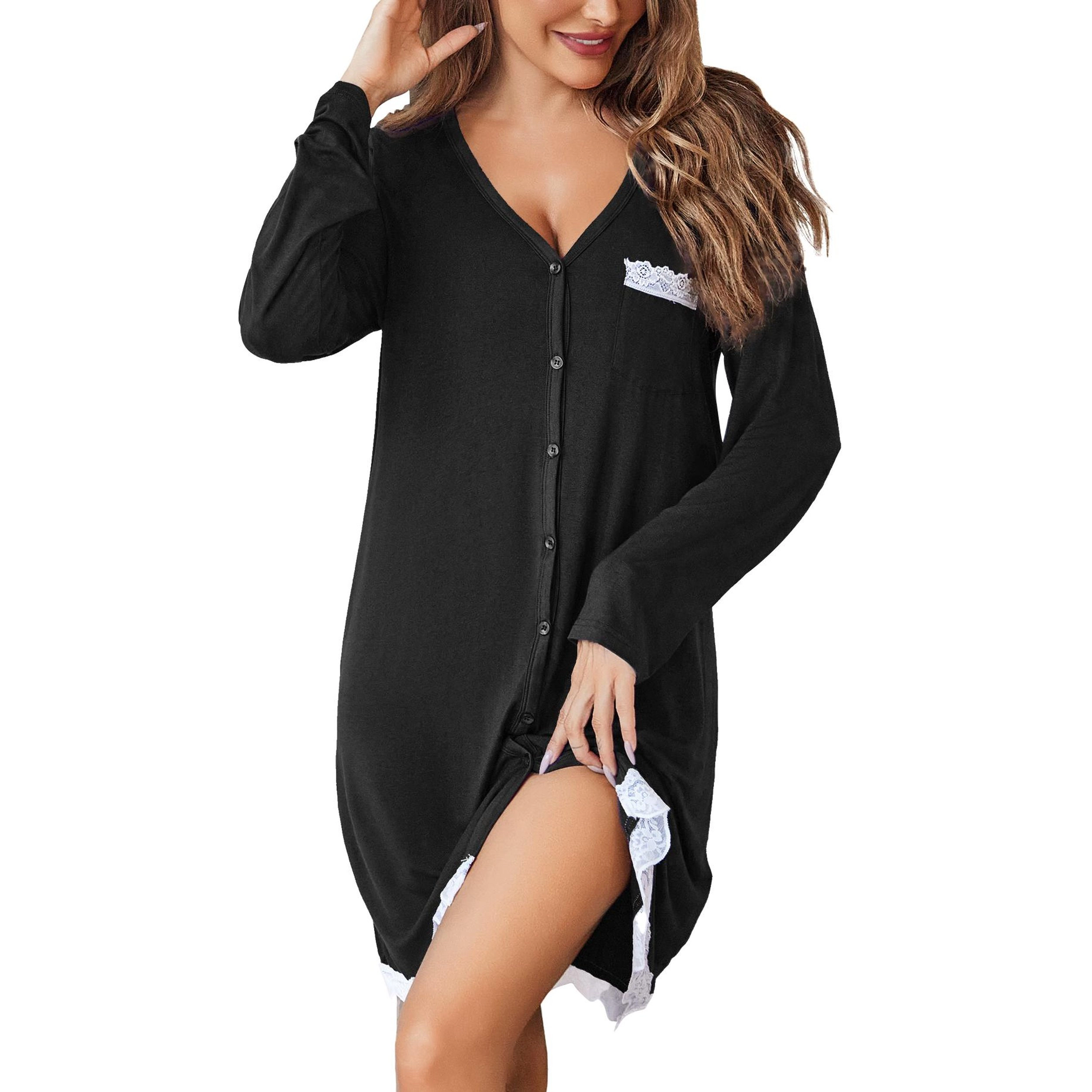 Ekouaer Women's Nightgown Striped Tee Long Sleeve Comfy Sleep Nightshirt Button Down Pajama Dress