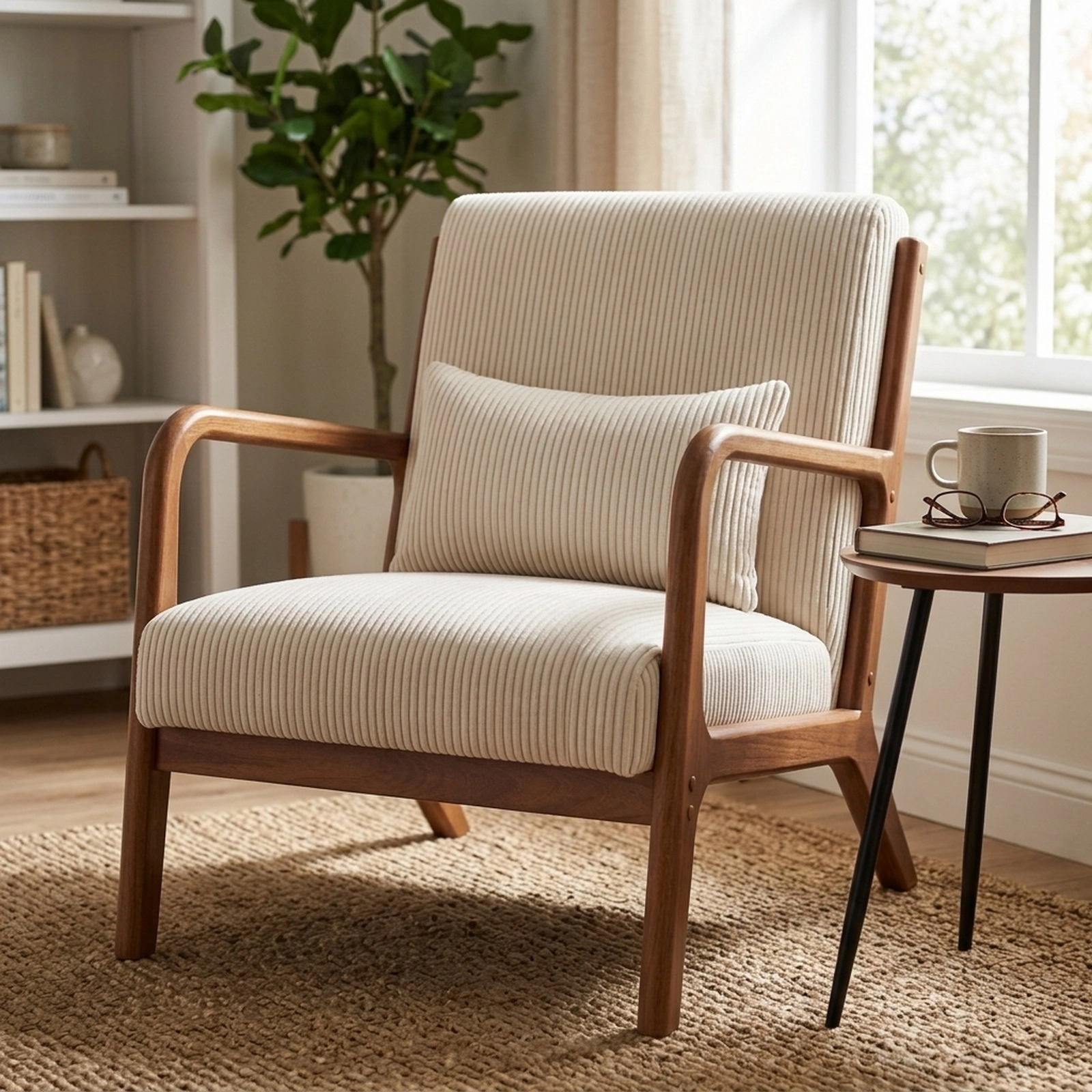 SUGIFT Beige Corduroy Lounge Reading Chair, 105-Degree Reclining Backrest, Lumbar Pillow, Deep Seat