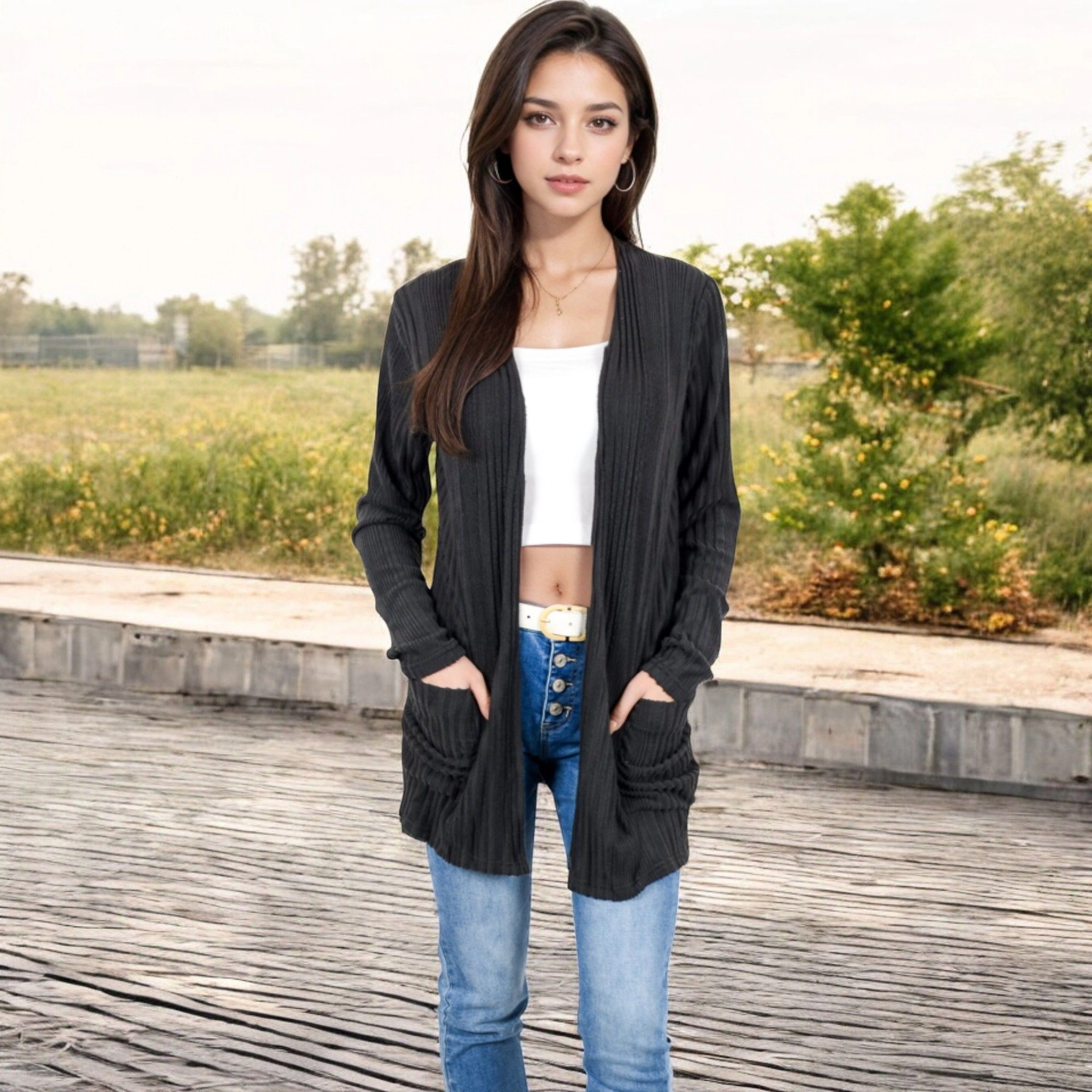 Anna-Kaci Women's Open Front Ribbed Cardigan with Long Sleeves and Pockets