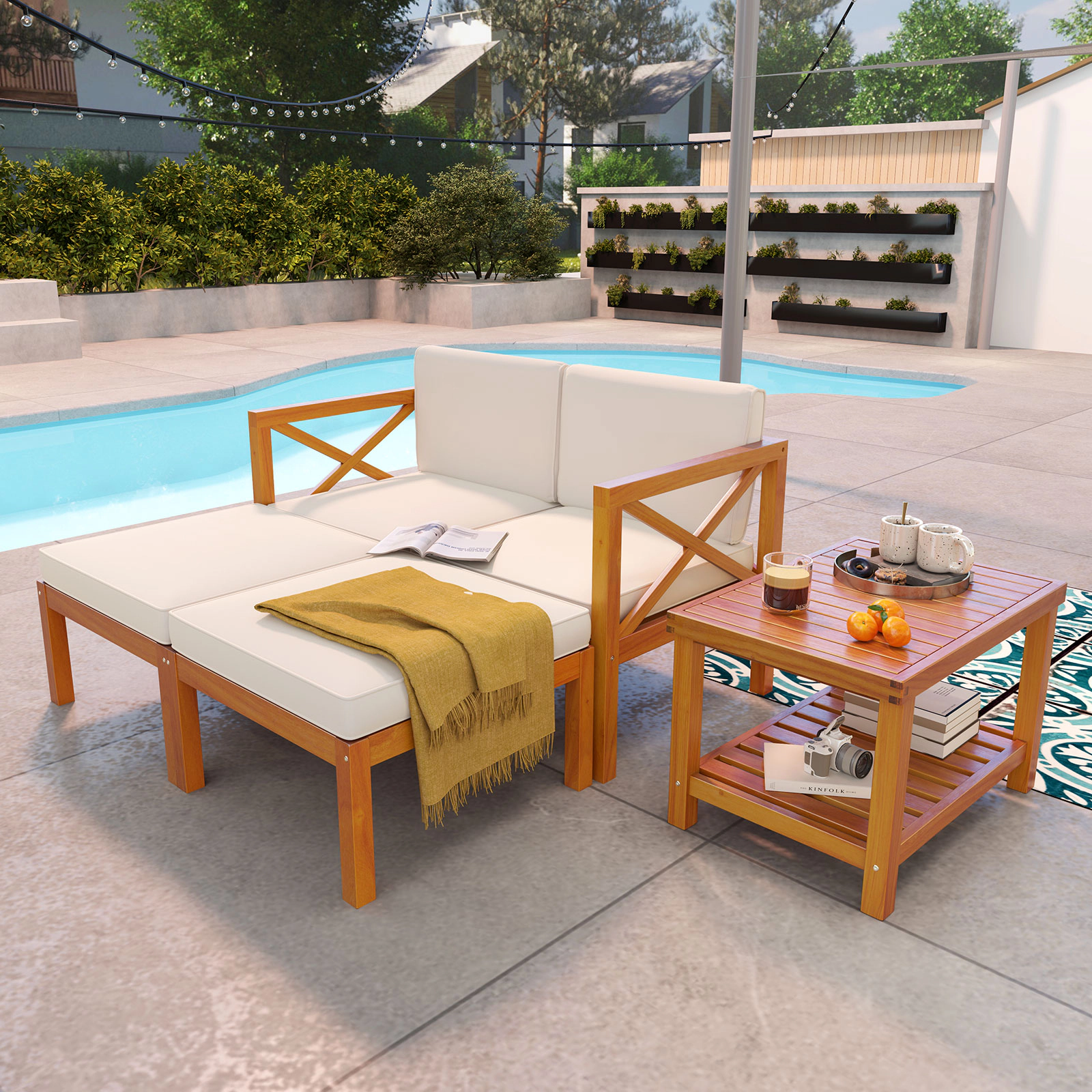 LJG 5 Pieces Acacia Wood Patio Lounge Chair Set with Ottomans and Cushions