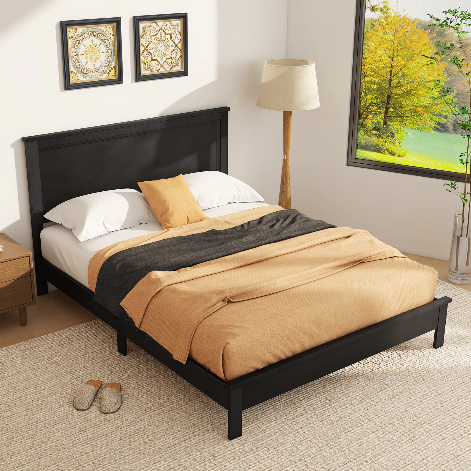 SUGIFT High Slat Panel Headboard and Rubber Wood Legs Queen Size Platform Bed Frame