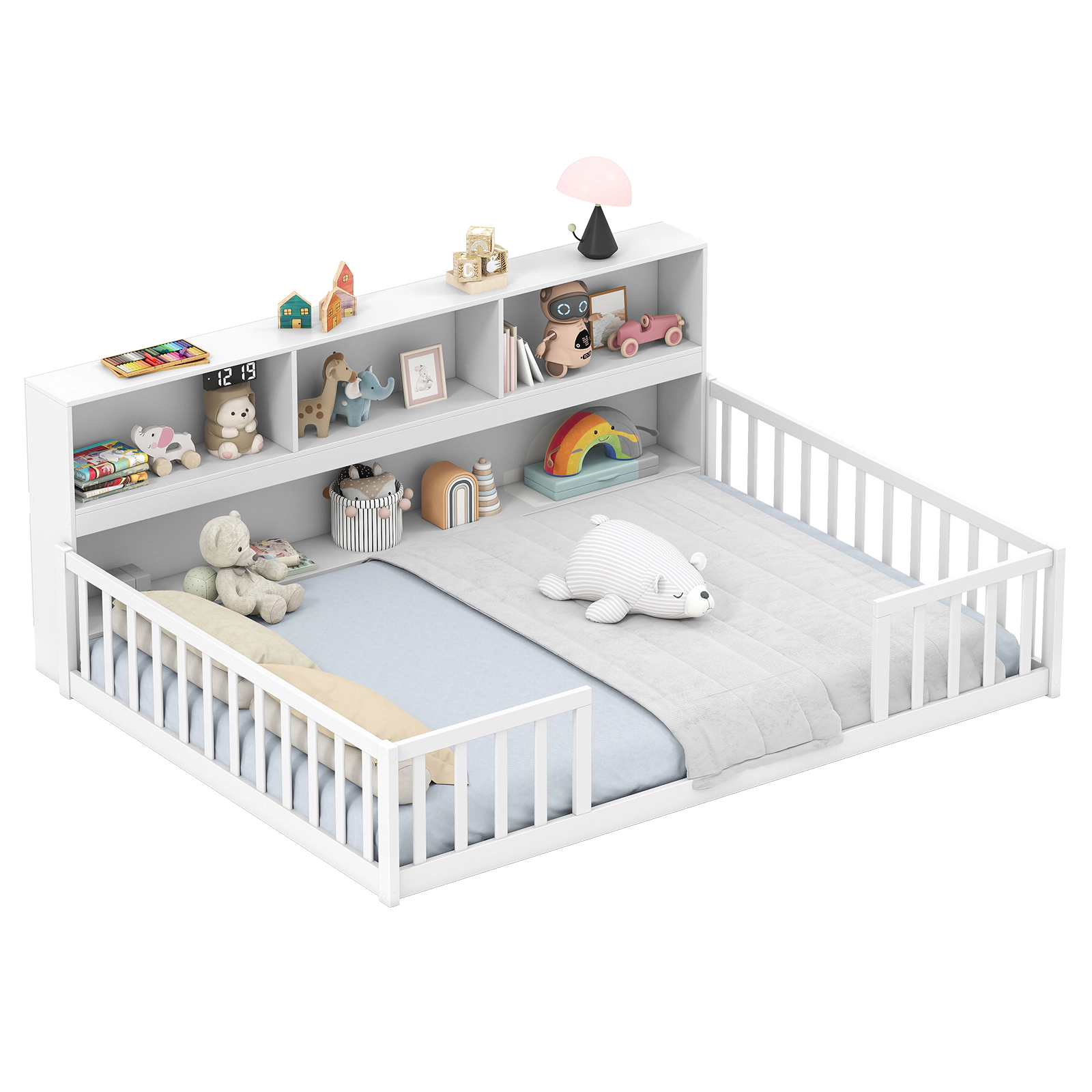 SUGIFT Full Size Montessori Floor Bed with Integrated Bookshelf Trundle Bed 44-lb Bookshelf Capacity Gray/White