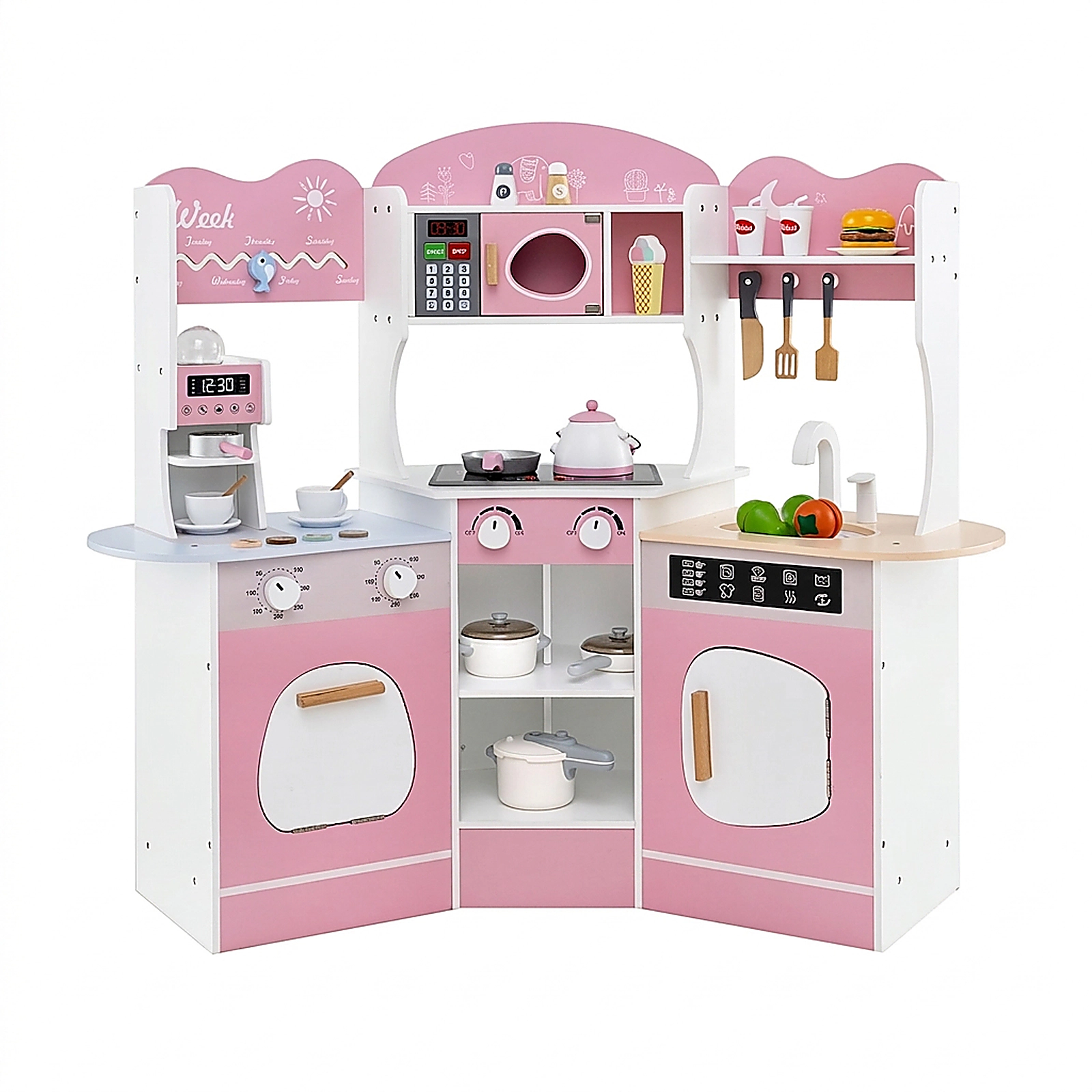 SUGIFT Machine Slide and 18 Accessories Corner Wooden Kids Play Kitchen