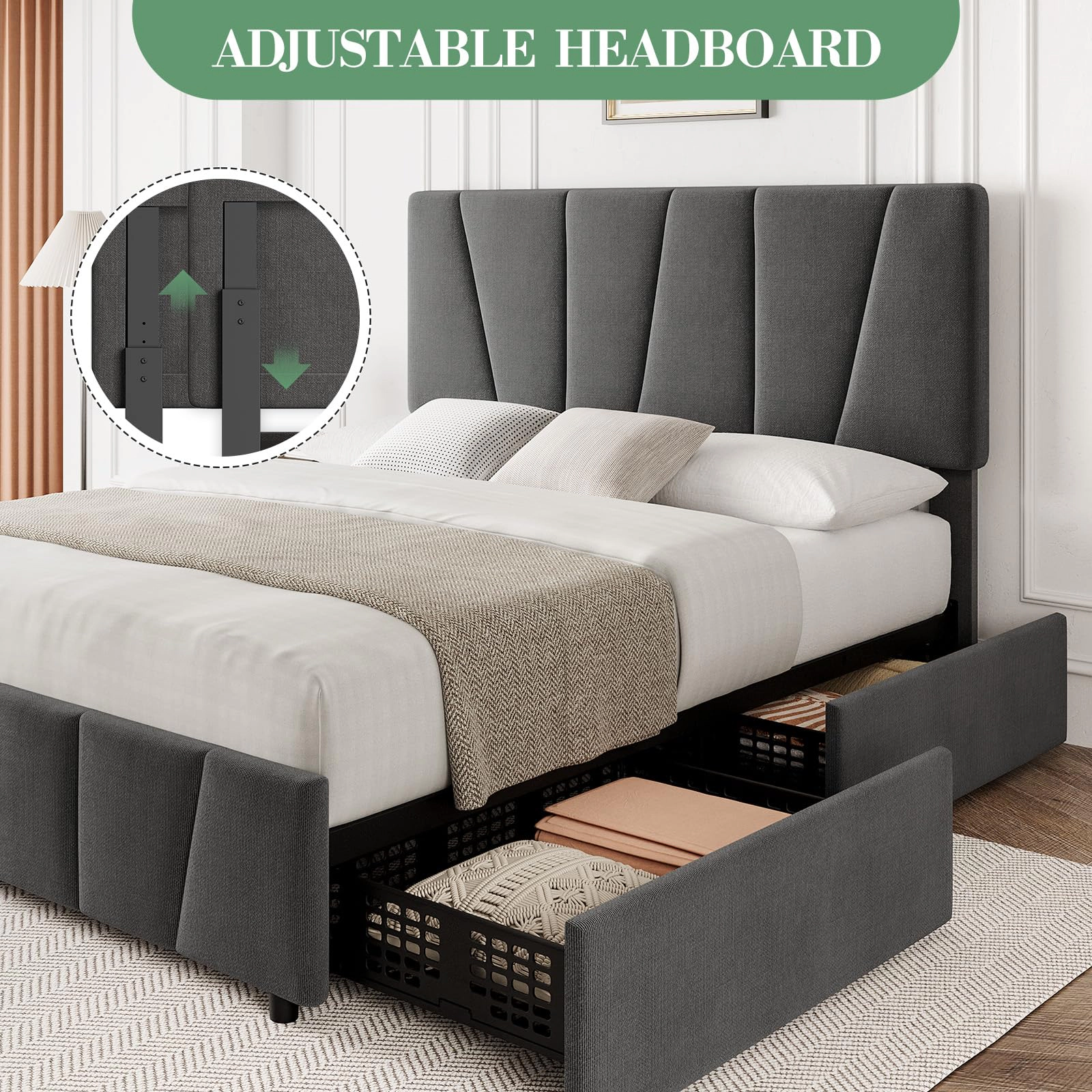 BebreezChic Upholstered Full Platform Bed Frame with 4 Drawers
