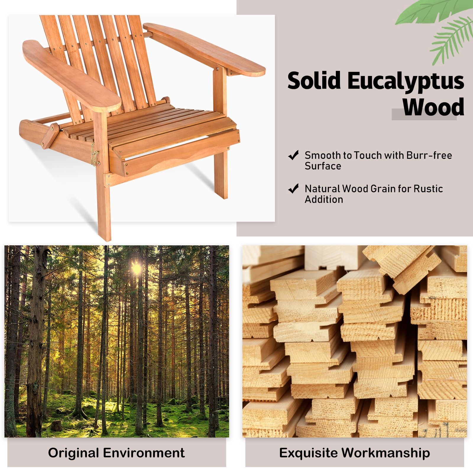 SUGIFT Natural Slatted Seat Folding Acacia Wood Oversized Adirondack Chair