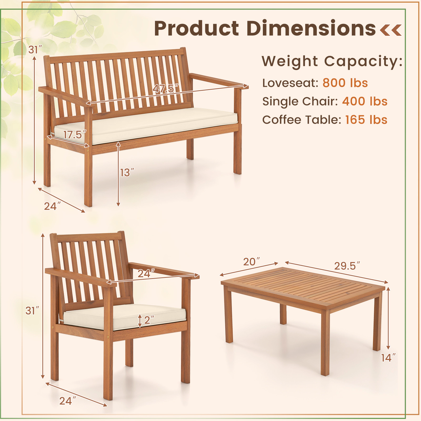 SUGIFT 4 Piece Acacia Wood Patio Conversation Set Loveseat 800-lb Capacity 47.5 x 24 x 31 in Loveseat Off White Cushions