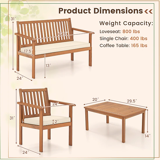 SUGIFT 4 Piece Acacia Wood Patio Conversation Set Loveseat 800-lb Capacity 47.5 x 24 x 31 in Loveseat Off White Cushions