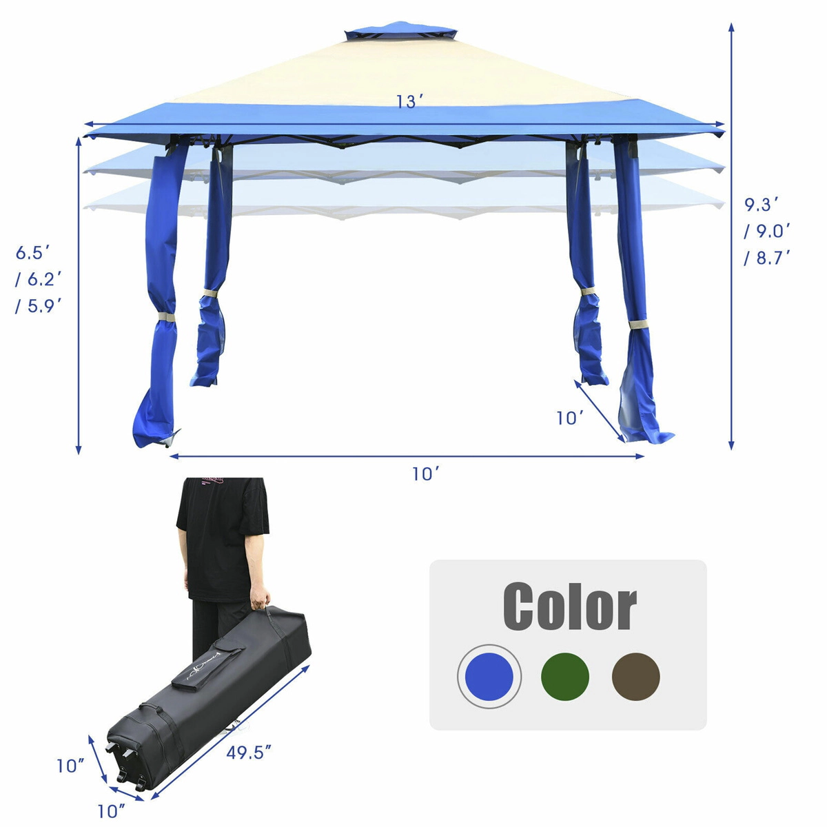 SUGIFT Blue Pop Up Canopy Tent Gazebo with 8 Stakes and Adjustable Height 13-ft W 13-ft D 9.3-ft H