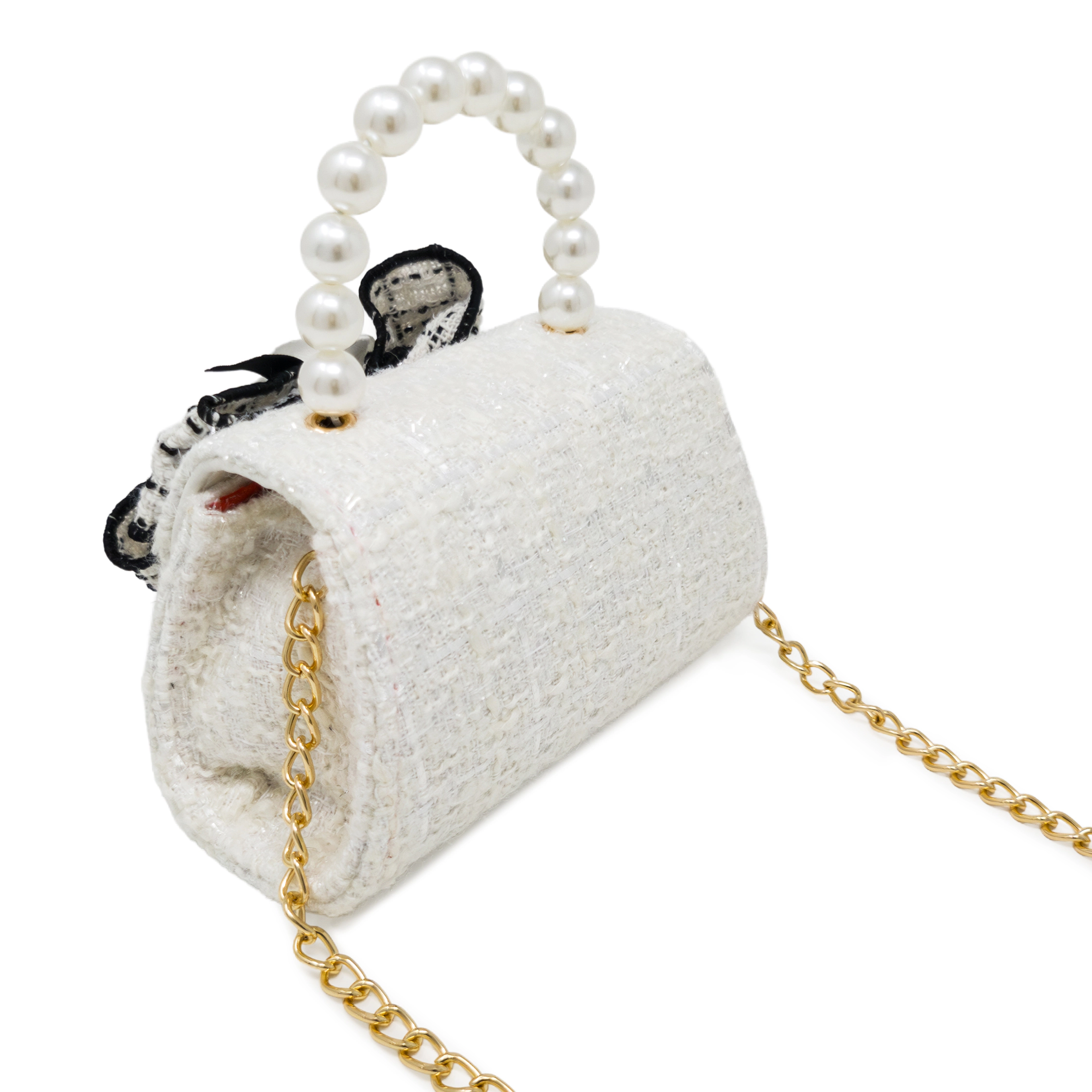 Puttisu Kids Coco Ribbon Tweed Handbag with Pearl Handle