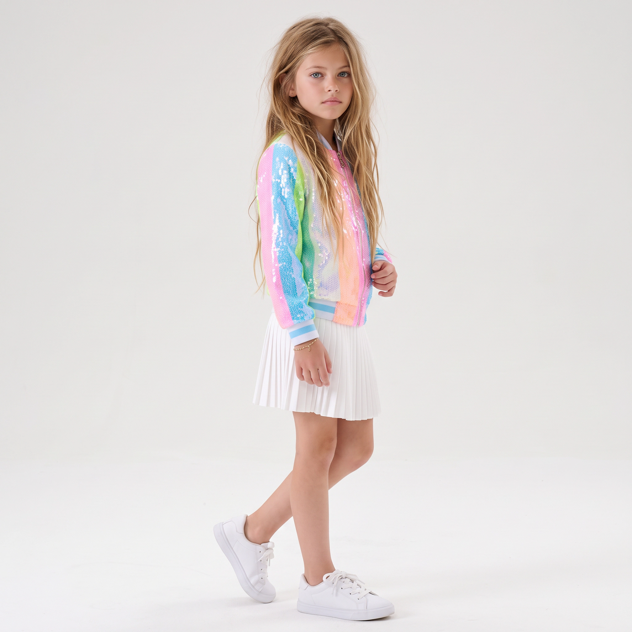 2Bunnies Girls’ Neon Pastel Stripe Sequin Bomber Jacket