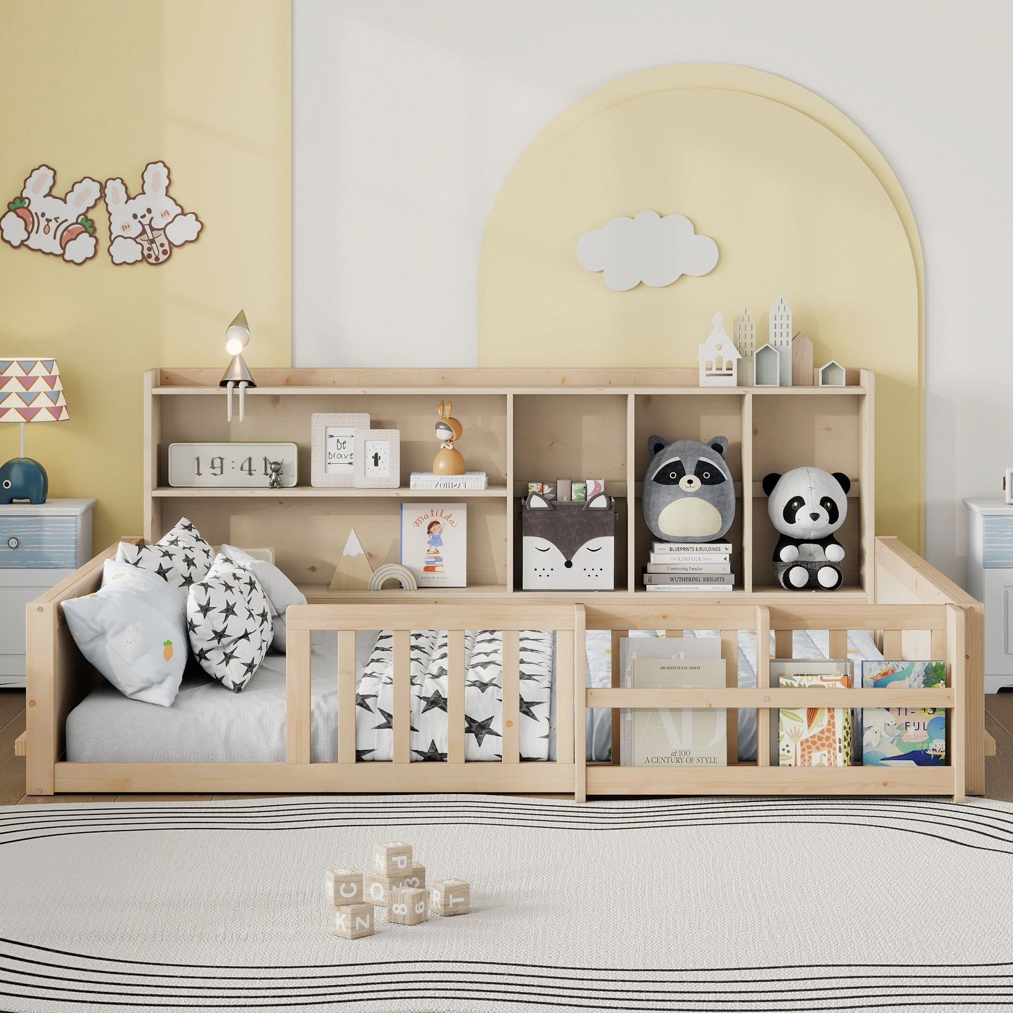 Flynama Full Kids Wood Platform Bed, Guardrail Fence & Storage Shelves, Natural