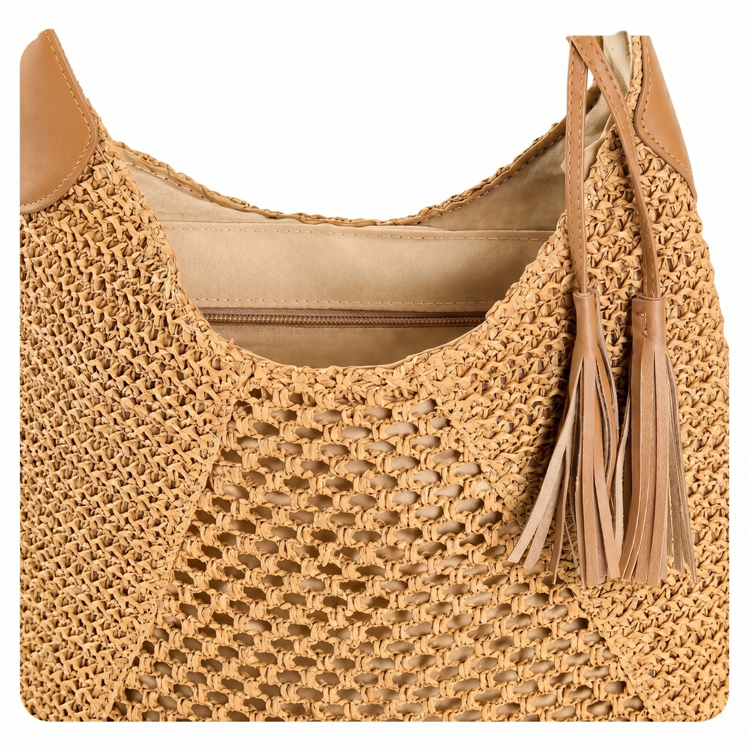 Alilang Women's Woven Paper Fiber Shoulder Tote Bag Large Capacity Crochet Handbag with Tassel Accent, Soft Ivory