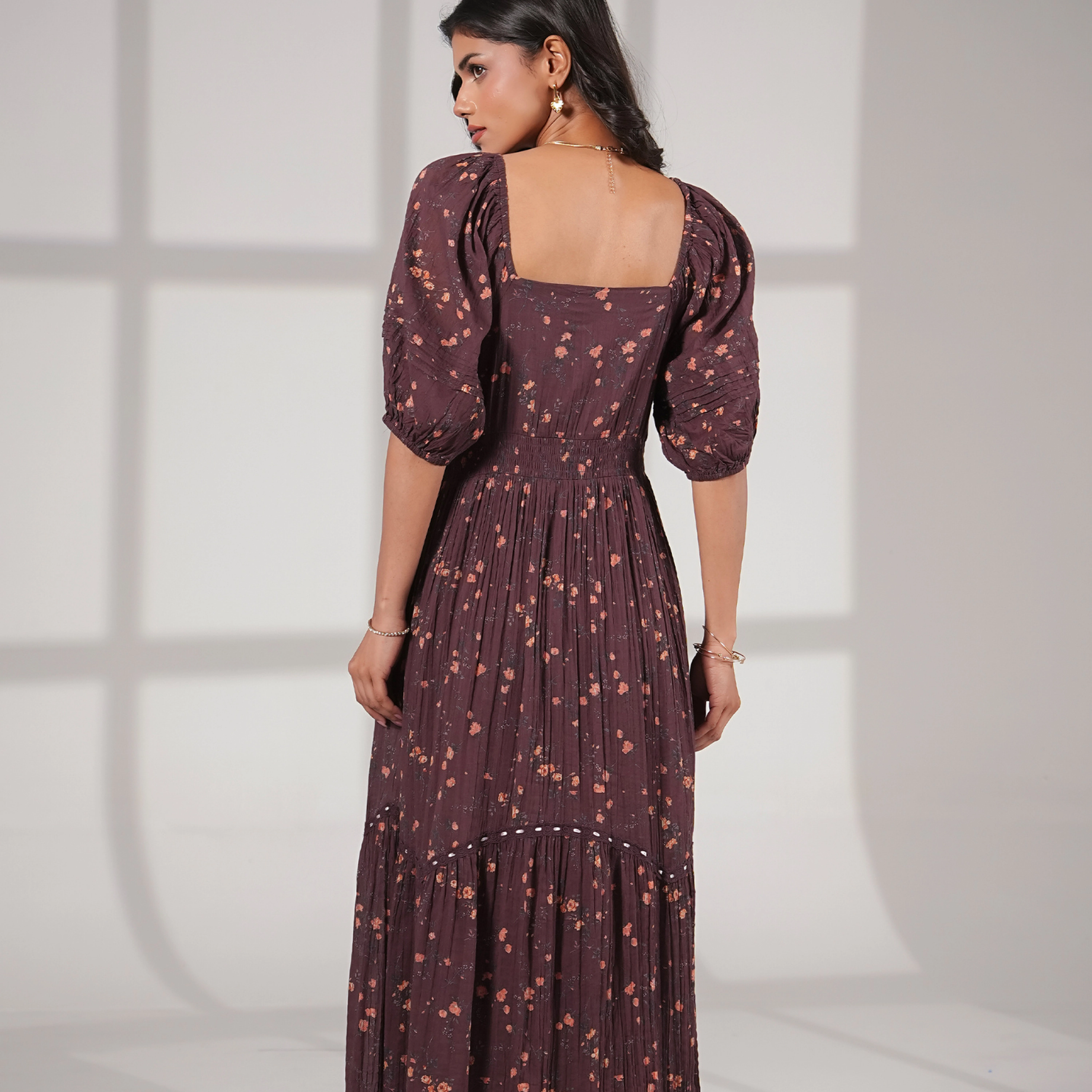 Rose & Nancy Women's Eloise Burgundy Floral Cotton Crinkle Midi Dress