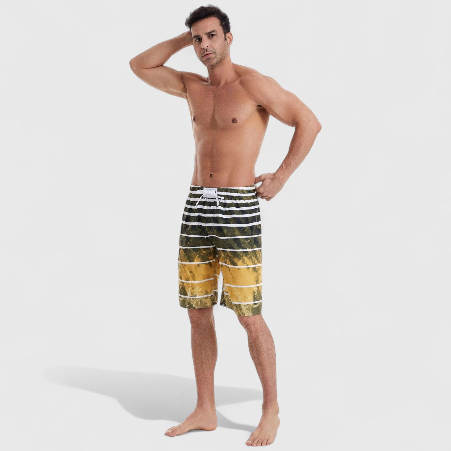 Anna-Kaci Men's Striped Ombre Board Shorts with Elastic Waistband and Drawstring Closure