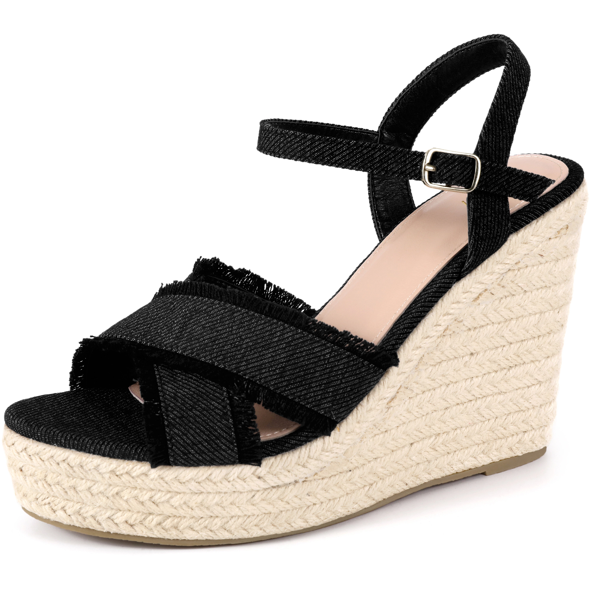 BLISSFUL STEP Women's Denim Slingback Platform Wedge Heel Sandals