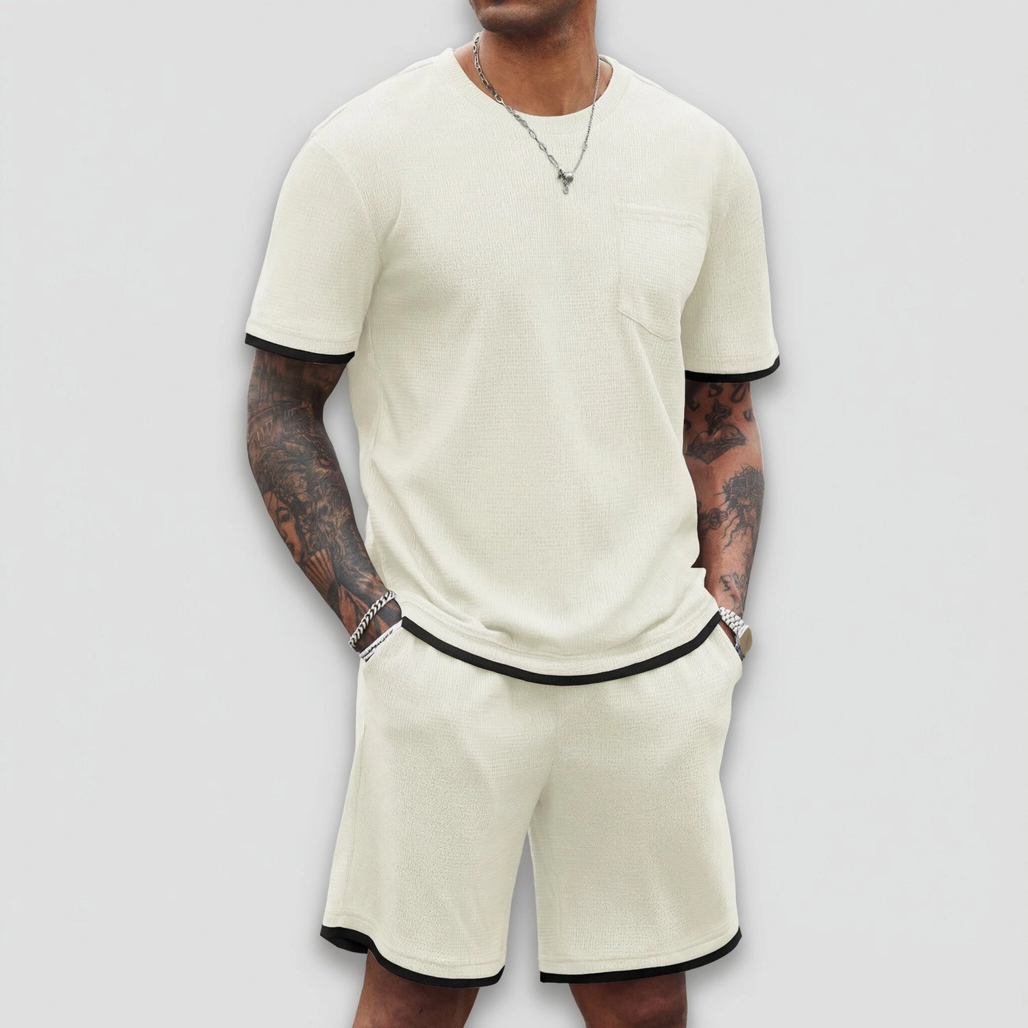 COOFANDY Mens  Casual 2 Piece Set Crew Neck Pocket Tee Shorts Contrast Trim