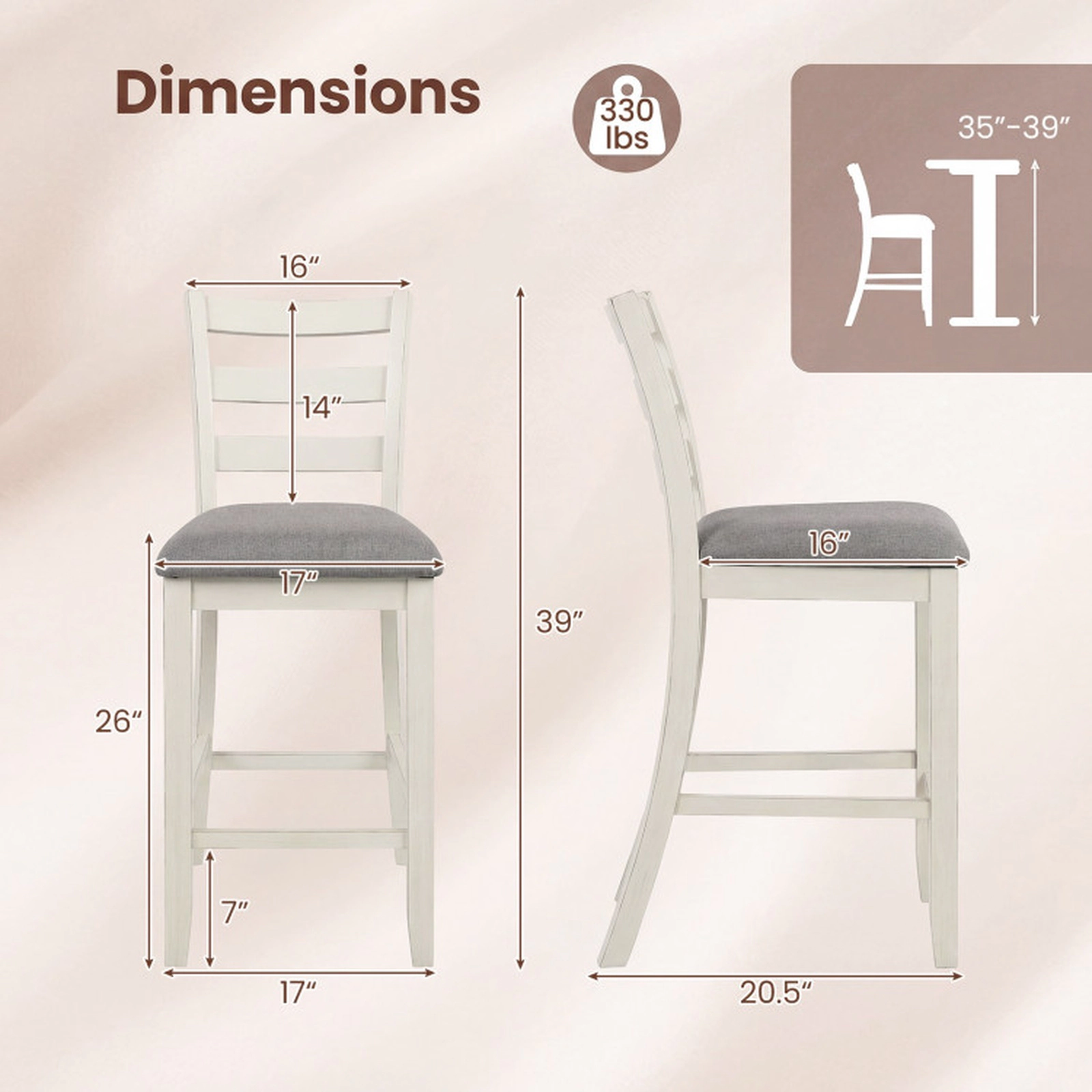 SUGIFT Beige Linen Fabric Seat and Rubber Wood Legs 4 Piece Counter Height Chair Set