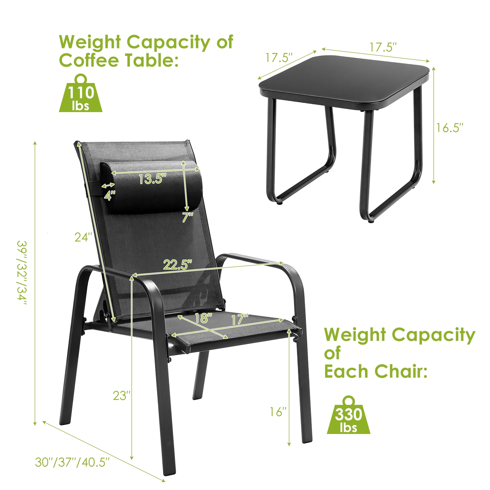 SUGIFT Black Adjustable Backrest Chairs and Glass Table 3-Piece Patio Bistro Set