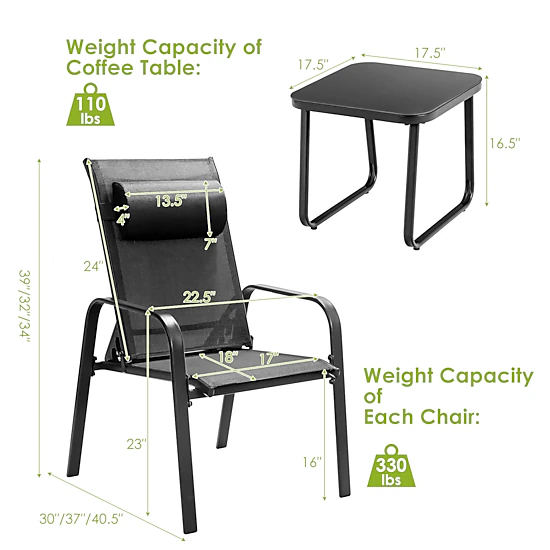 SUGIFT Black Adjustable Backrest Chairs and Glass Table 3-Piece Patio Bistro Set
