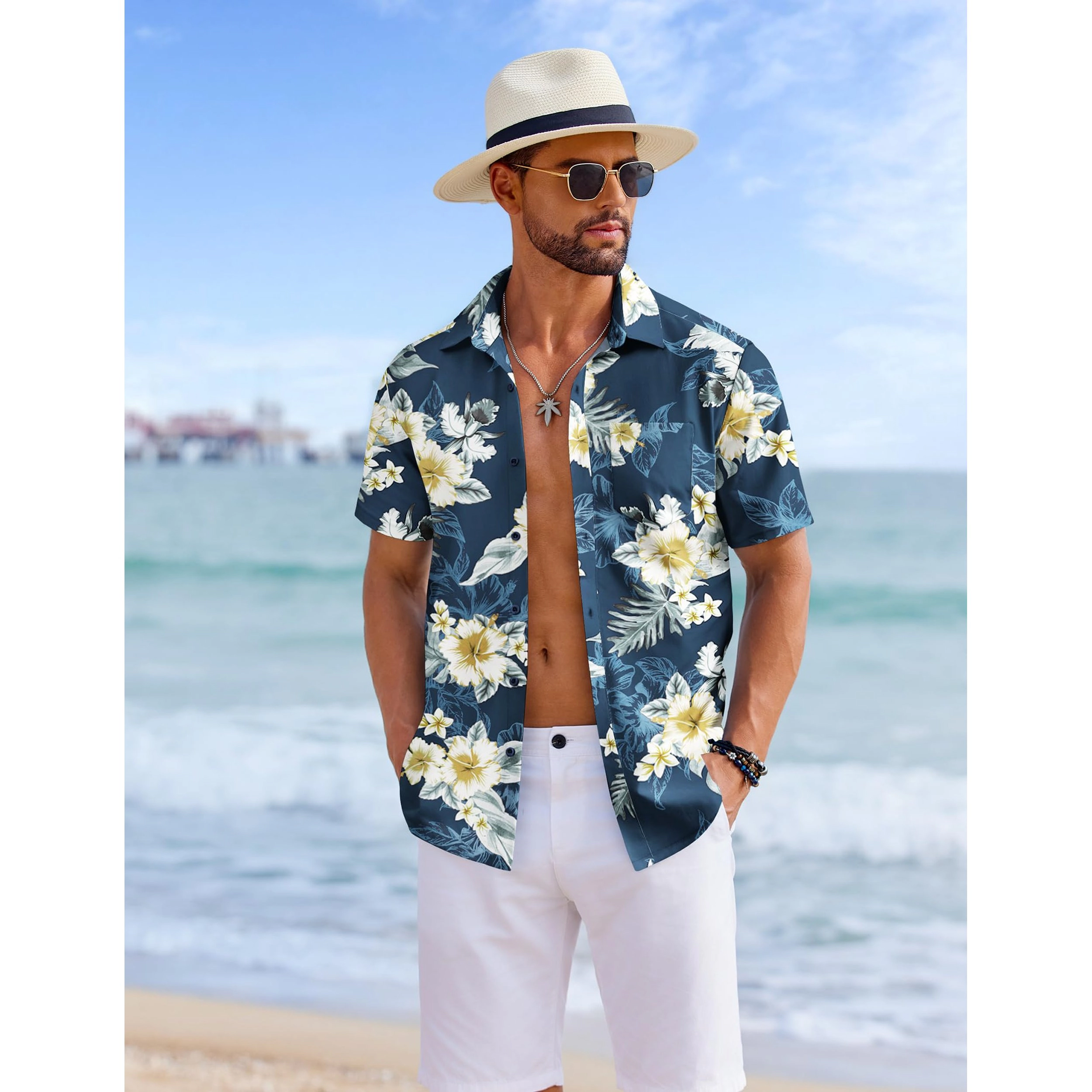 COOFANDY Mens Short Sleeve Button Down Shirts  Leaf Print Lapel Collar Tops
