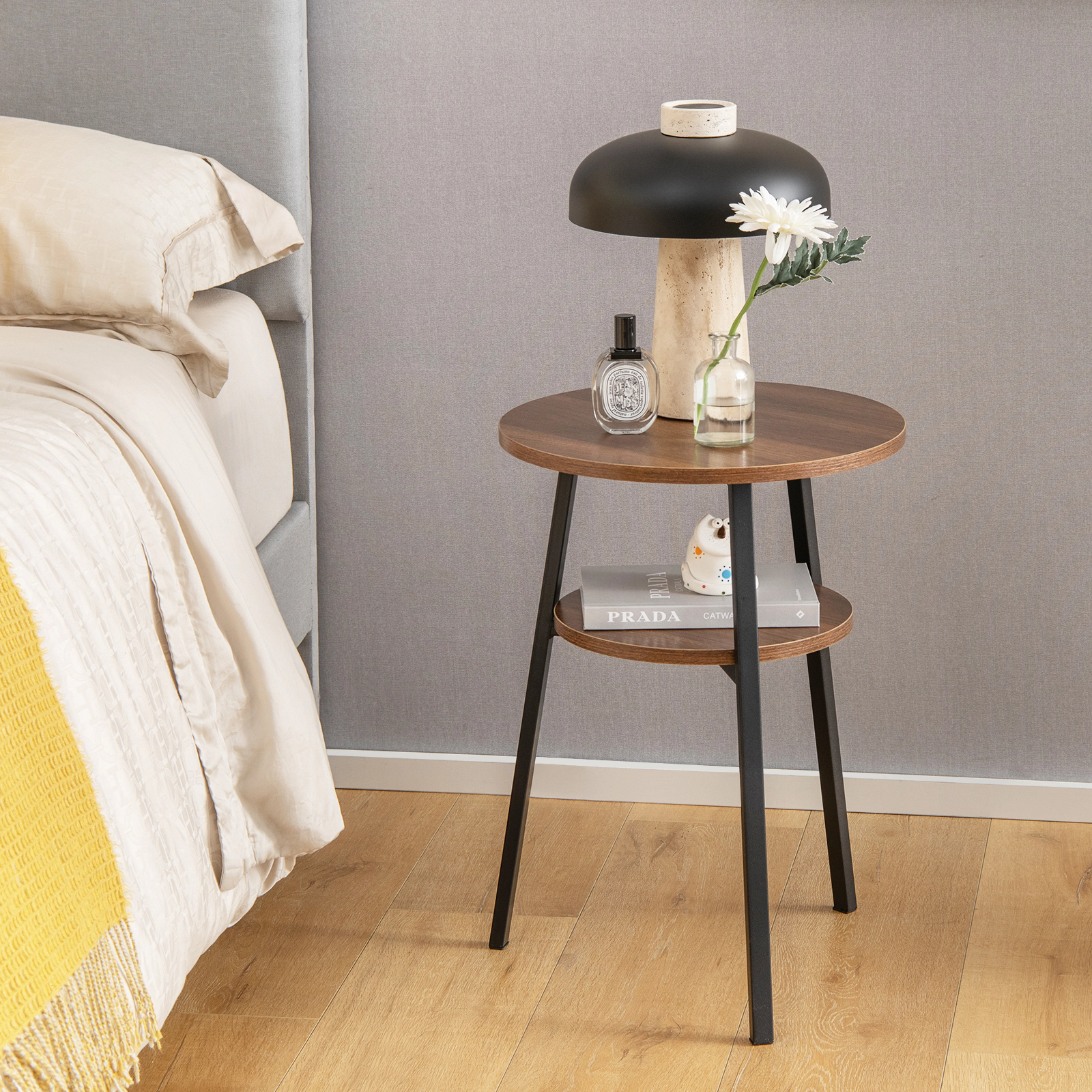 LJG 2-Tier Round End Table Set of 2 with Open Shelf and Triangular Metal Frame