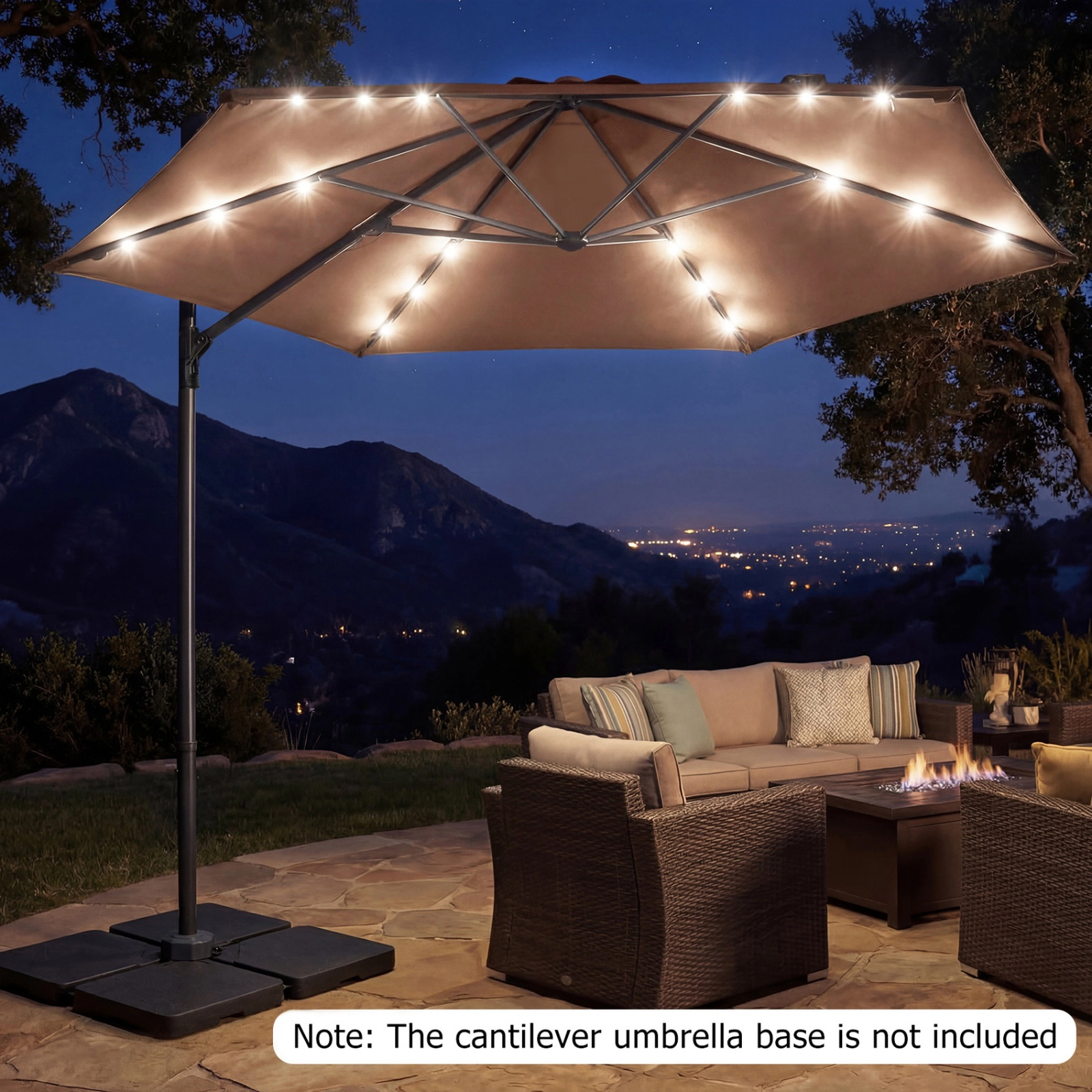 SUGIFT 10-ft Tan Solar LED Offset Cantilever Patio Umbrella with Manual Lift and Cross Base