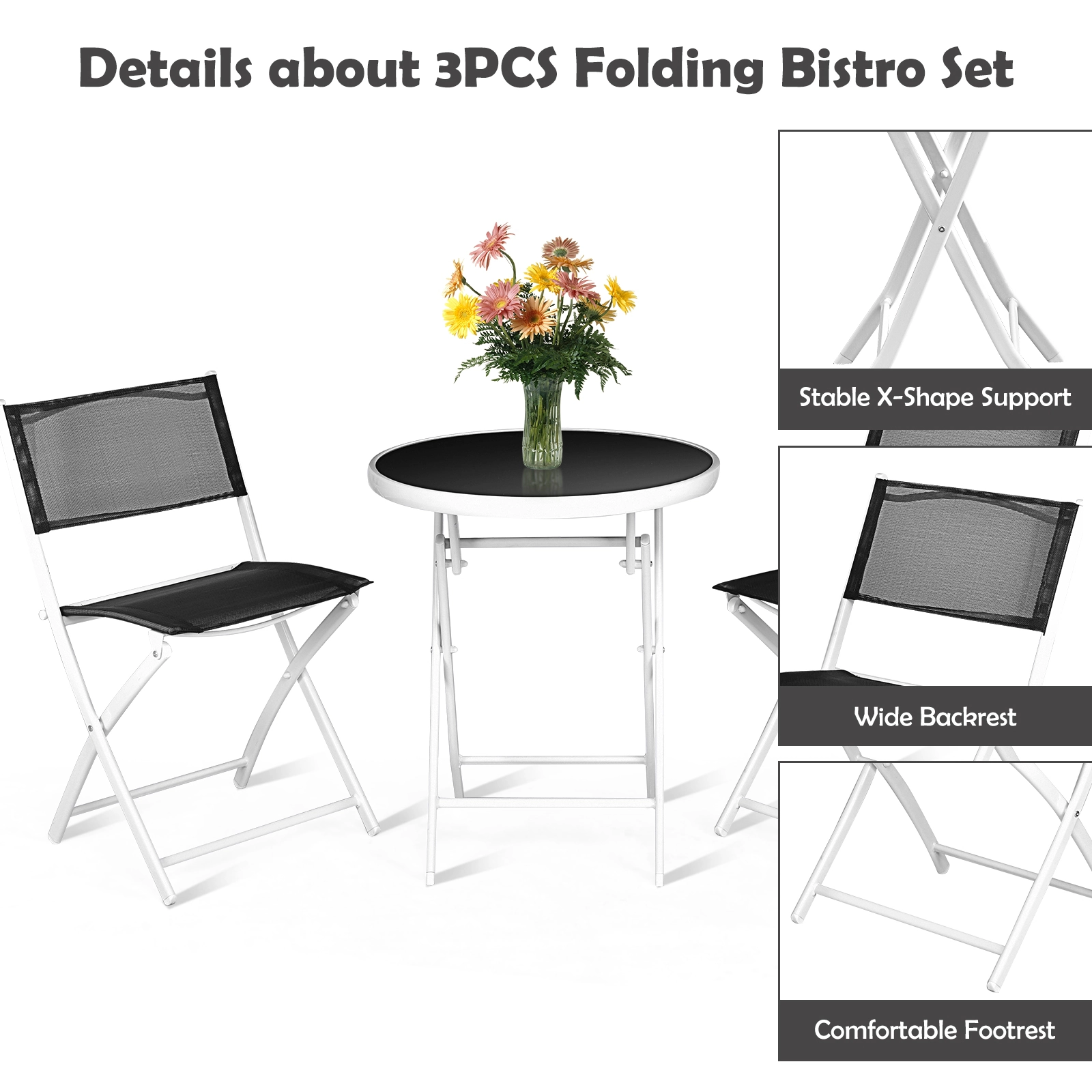 SUGIFT 3-Piece Folding Patio Conversation Bistro Set Glass Top Coffee Table 265-lb Chair Capacity 24 x 28 in Table Black