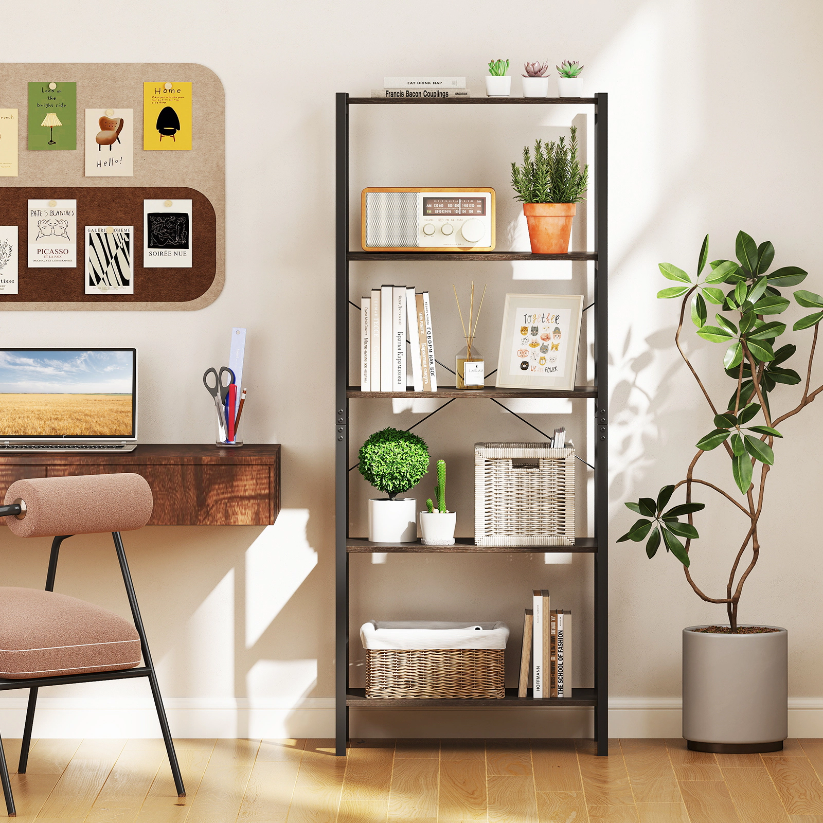 LJG 5-Tier Industrial Bookshelf Display Storage Rack with Metal Frame