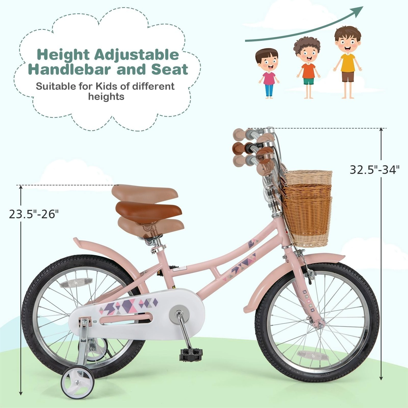 SUGIFT Pink Removable Basket Training Wheels Fenders and Kickstand Kids 18 Inch Retro Bike
