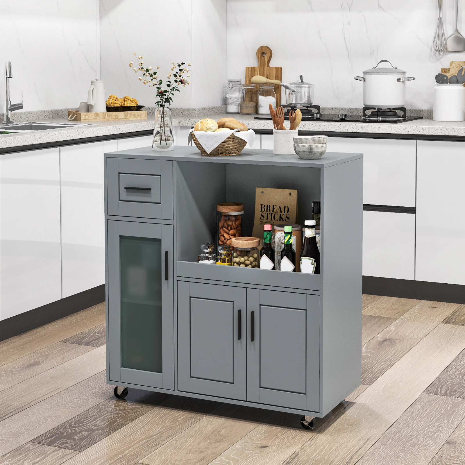 SUGIFT Rolling Kitchen Island Cart with Drawer Glass Door Cabinet and Adjustable Shelf 100-lb Tabletop Capacity Gray