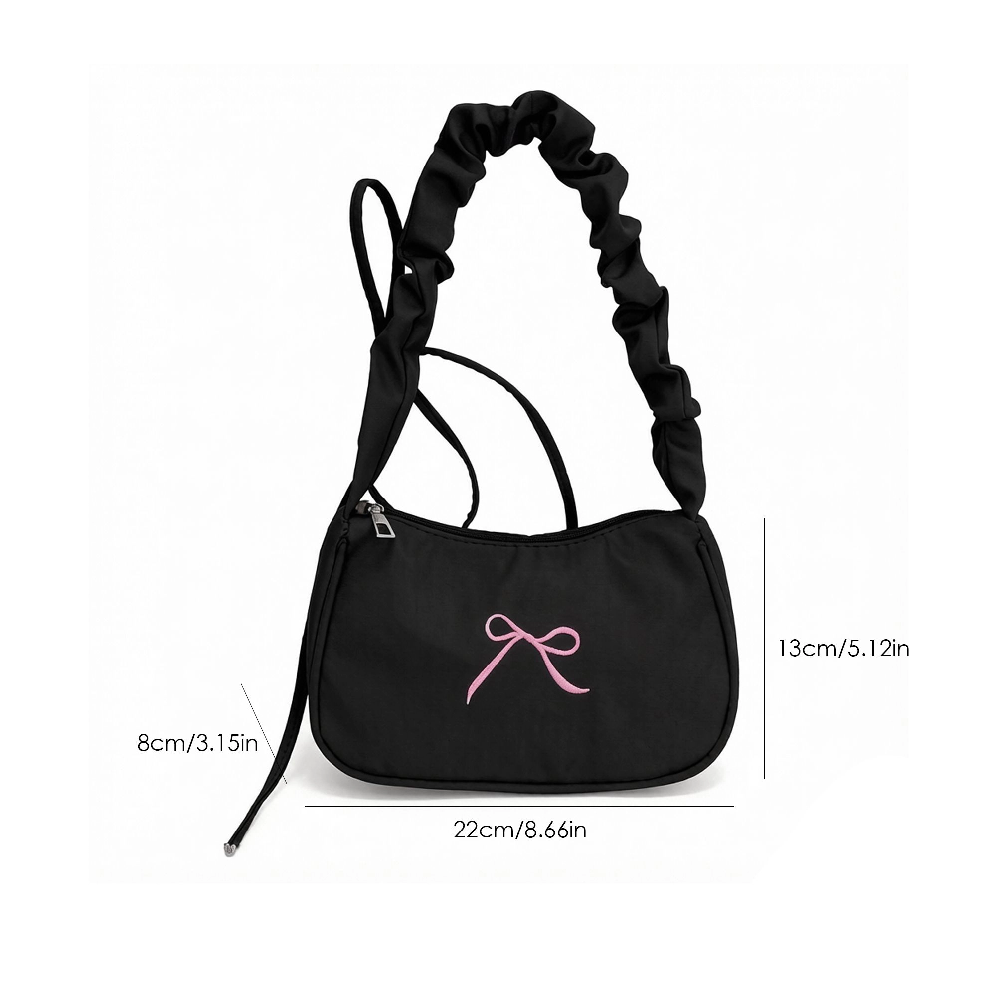 Alilang Women's Small Bow Embroidered Shoulder Bag with Ruched Strap and Zip Closure, Pink