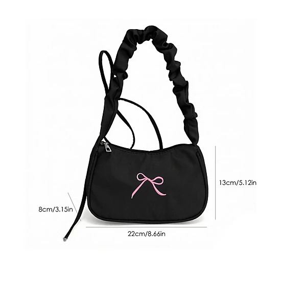 Alilang Women's Small Bow Embroidered Shoulder Bag with Ruched Strap and Zip Closure, Pink