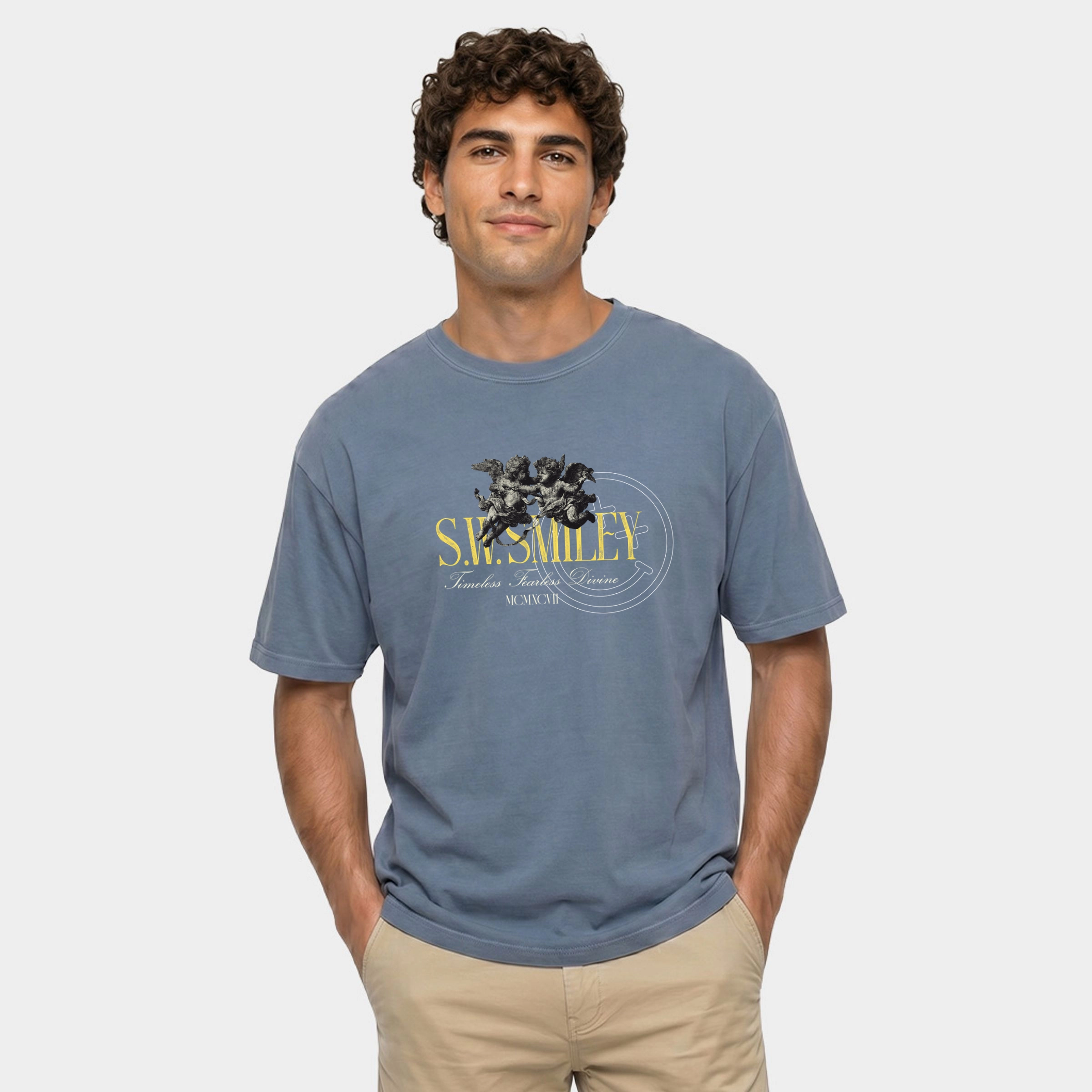 Simply Sage Market - Men's Garment Dyed Graphic T-Shirt S.W.Smiley Timeless Fearless Divine 2 Cherubs