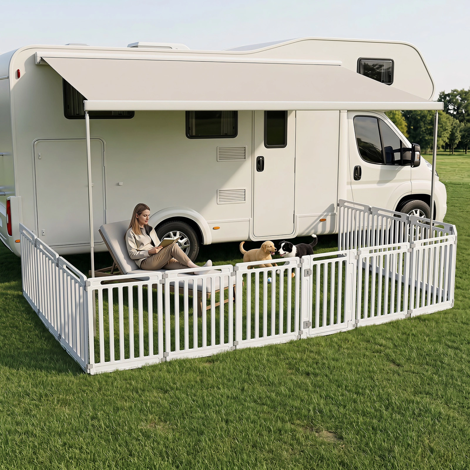SUGIFT White 31.5-in Indoor Outdoor Dog Playpen with 12 HDPE Panels Double Door Latches and Ground Stakes