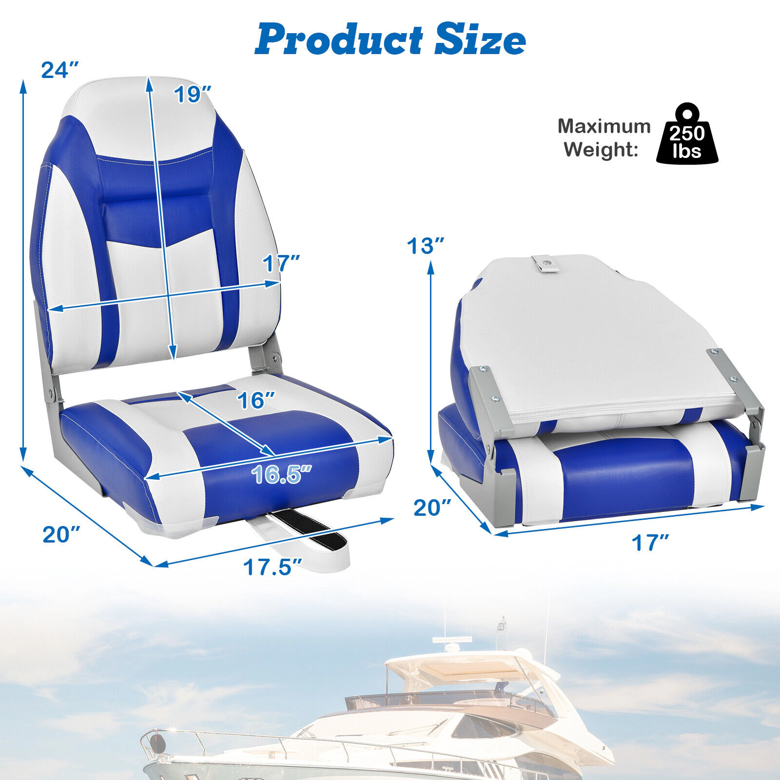 SUGIFT Set of 2 High-Back Folding Boat Seats, 250-lb Capacity, Waterproof PVC, Aluminum Hinges