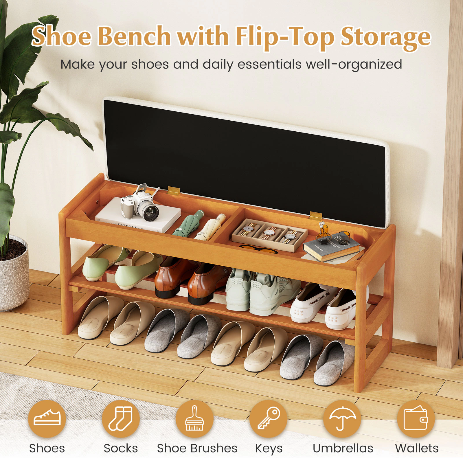 SUGIFT Beige 40-in Shoe Storage Bench with Flip-Open Hidden Compartment Padded Seat and Shoe Shelf