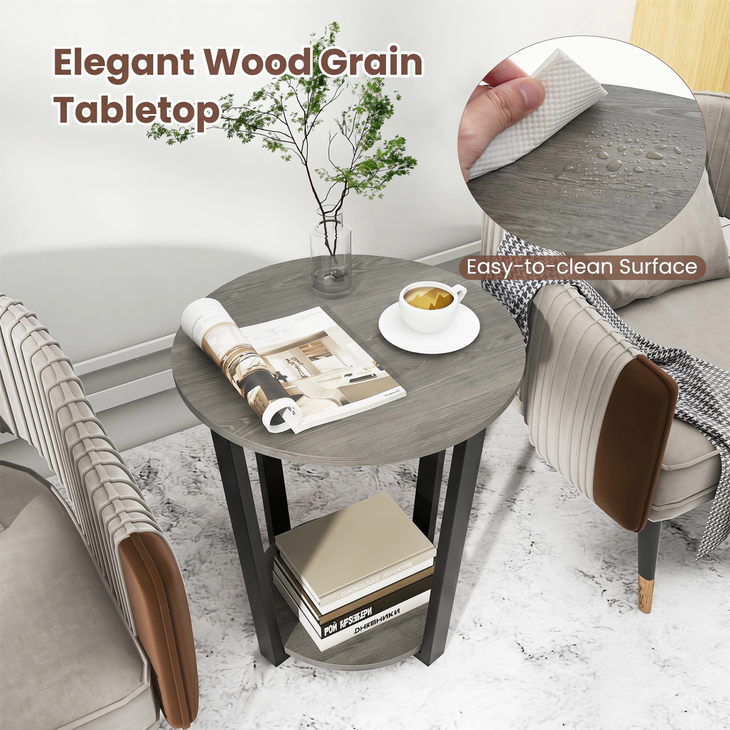 Glintex Round 2-Tier End Table with Detachable Tray Shelf and Melamine Top, Oak