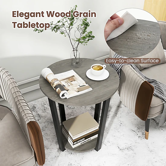 Glintex Round 2-Tier End Table with Detachable Tray Shelf and Melamine Top, Oak