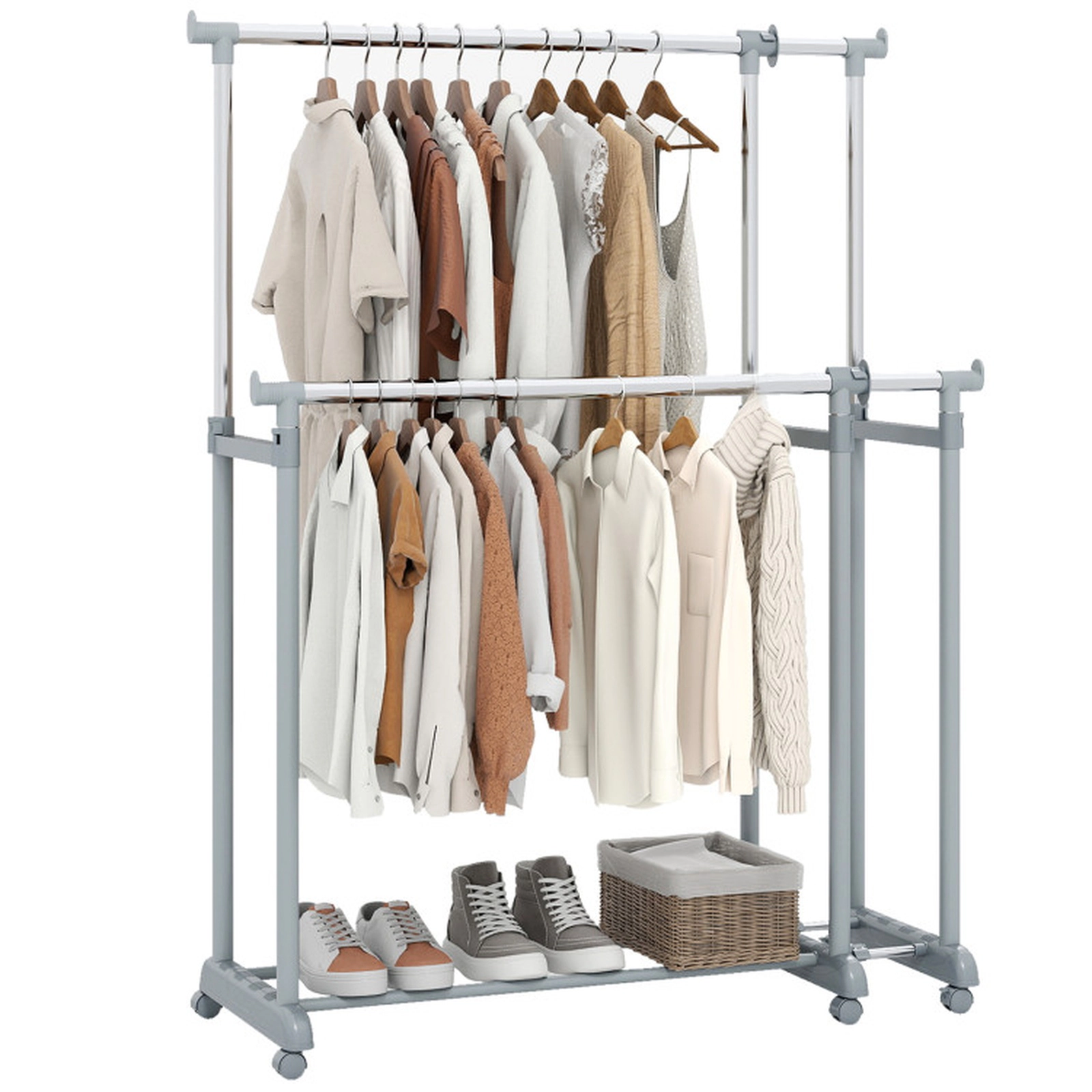 SUGIFT Adjustable Double Rod Metal Garment Rack 66-lb Rods 44-lb Bottom Bars 37-66.5-in Height Silver