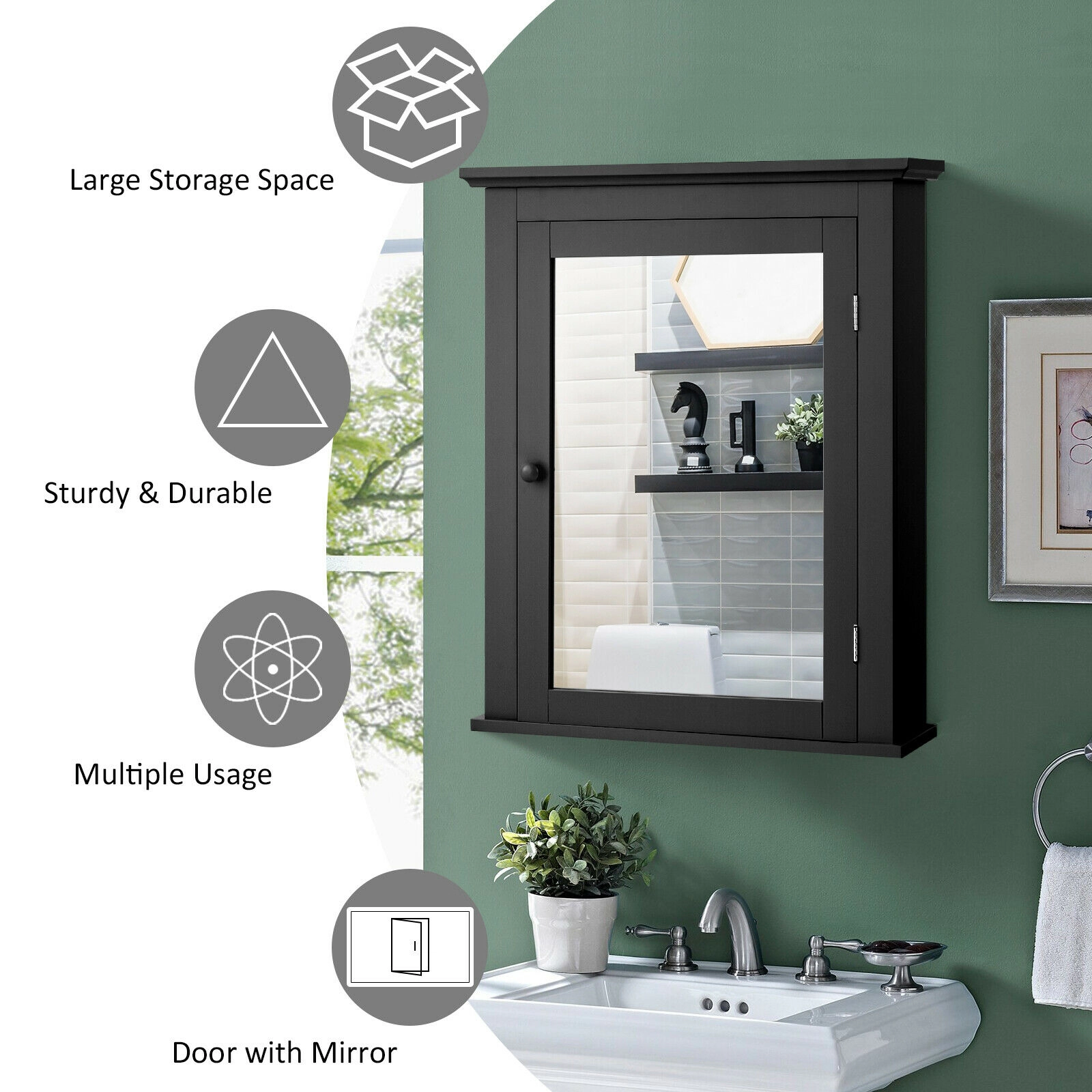 SUGIFT Wall Mounted Bathroom Mirror Cabinet with 5-Level Height-Adjustable Shelf 11-lb Cabinet Capacity Black