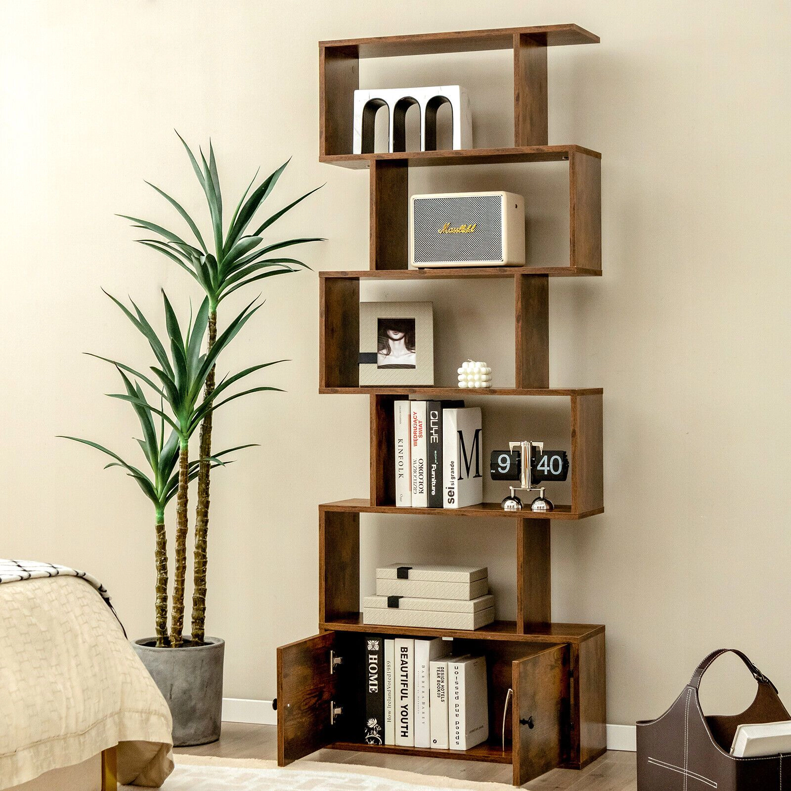 SlickBlue Tall Freestanding Bookcase With Double Door Cabinet