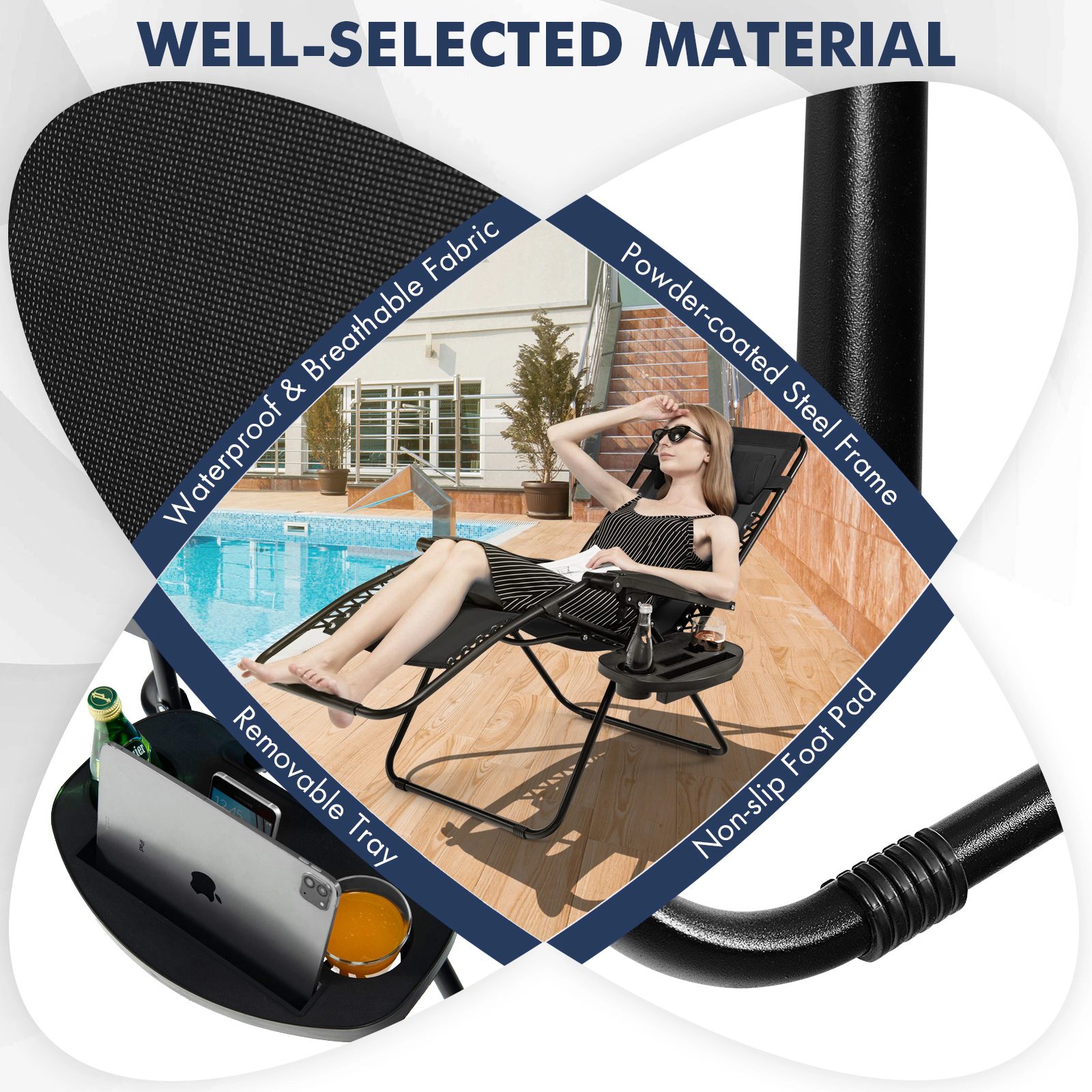 LJG Outdoor Folding Zero Gravity Reclining Lounge Chair with Utility Tray