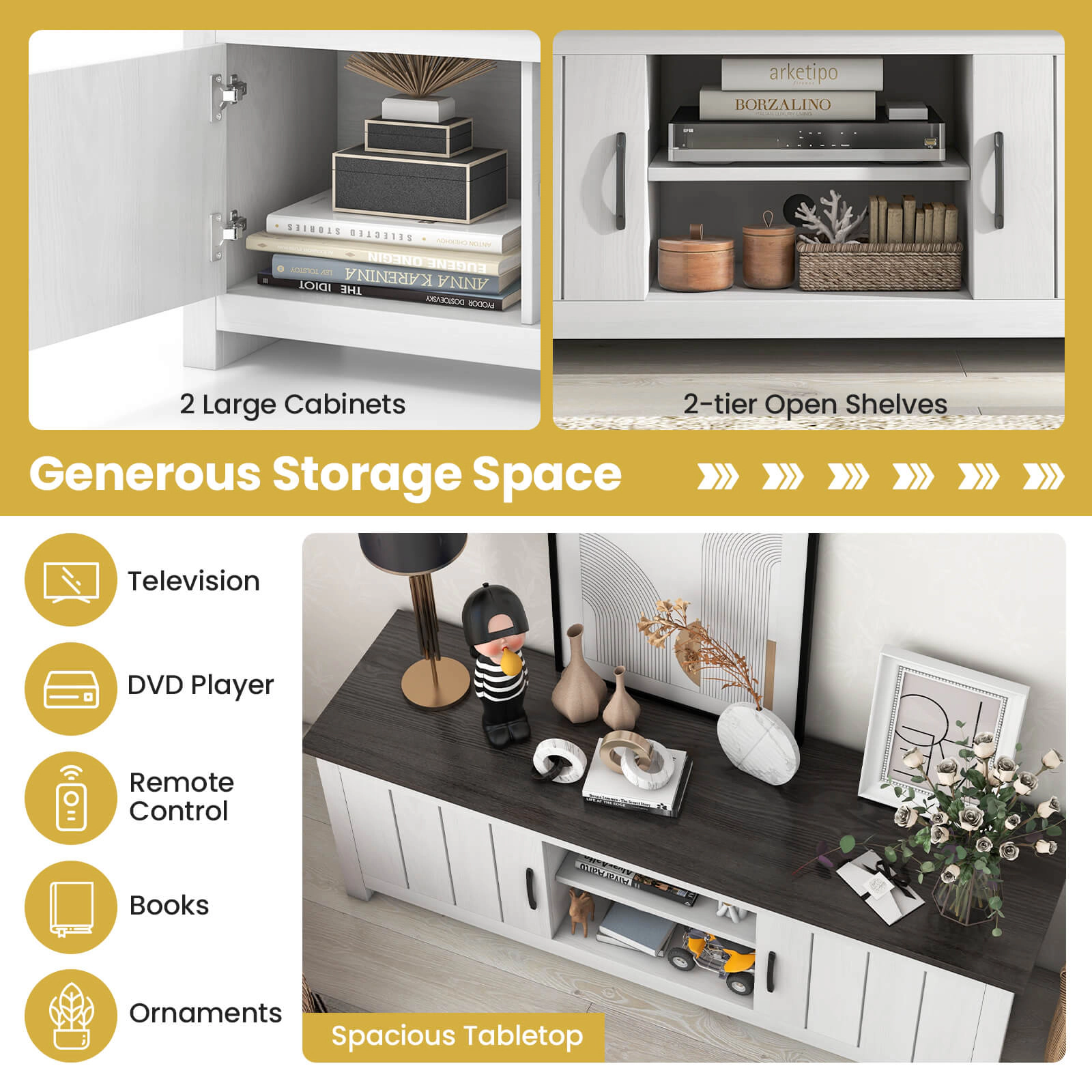 Glintex 57-Inch TV Stand with 2 Cabinets and Open Shelves